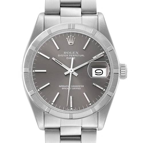 This Rolex Date model watch is shown from the front, displaying the dial, hands, bezel, and part of the bracelet.