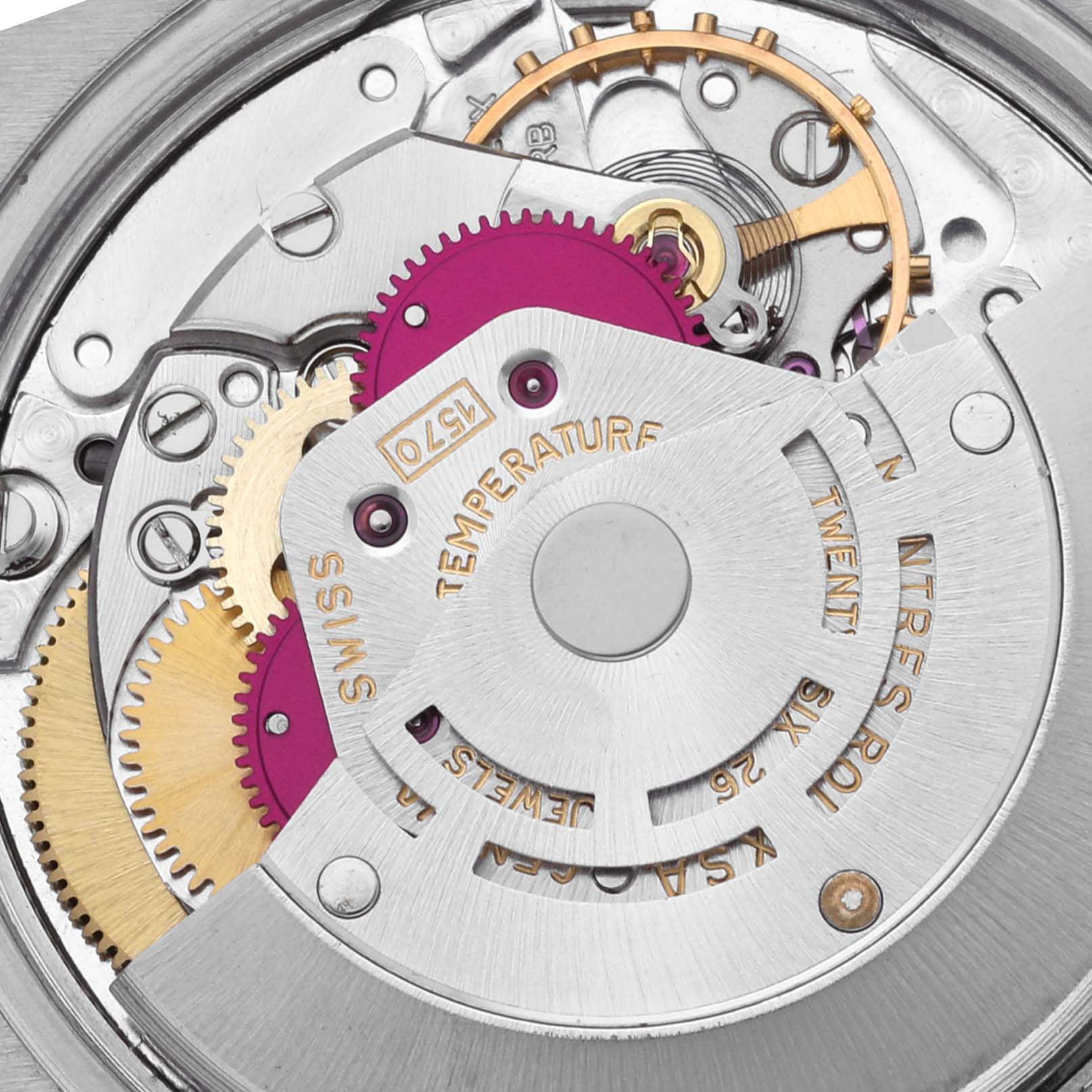 This is a close-up of the internal movement mechanism of a Rolex Date 1501 Men
s Stainless Steel Grey Dial 1501 Men
s Stainless Steel Grey Dial model watch.