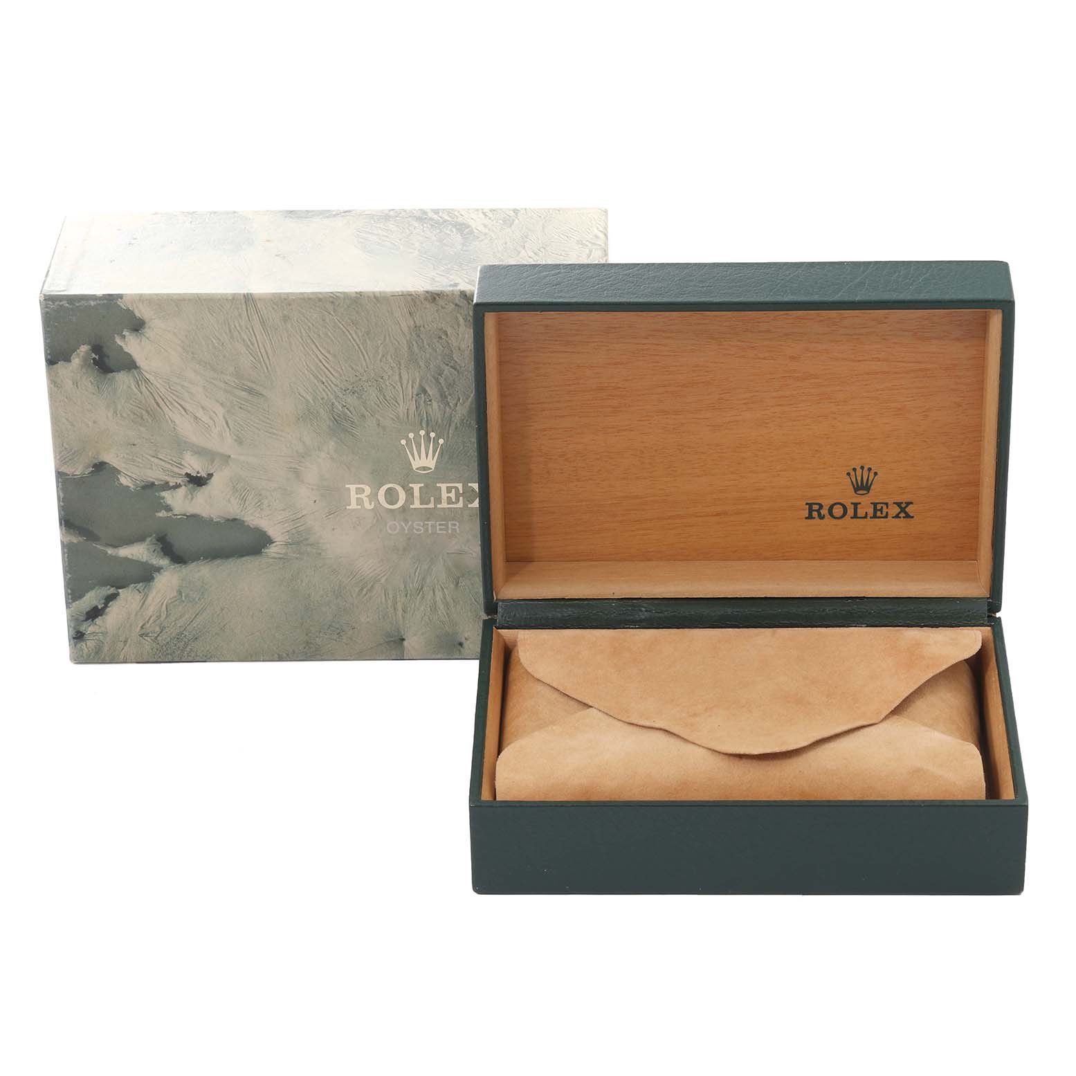 The image shows a Rolex Date 1501 Men
s Stainless Steel Grey Dial 1501 Men
s Stainless Steel Grey Dial model watch box and a suede pouch inside the opened box.