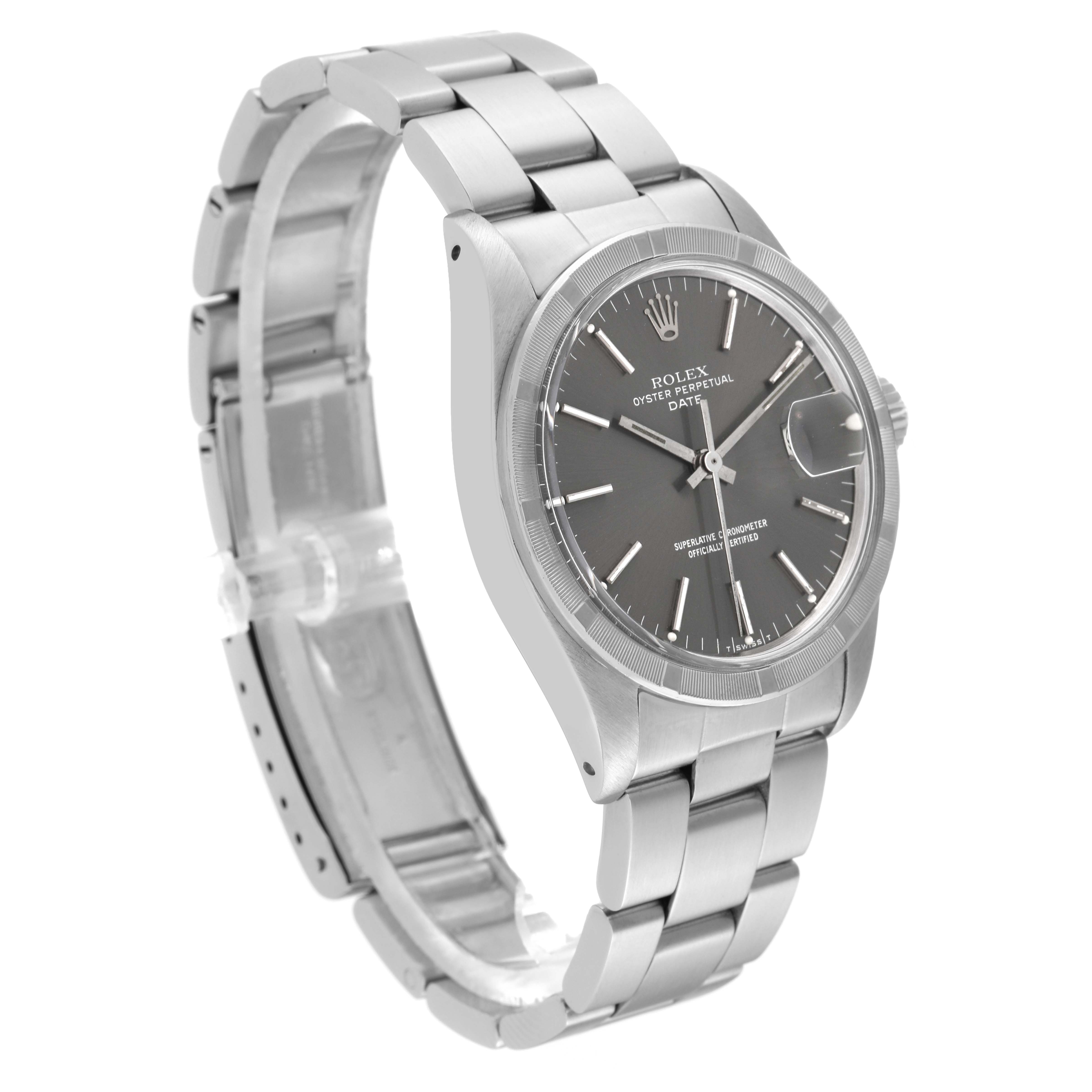 This image shows a silver Rolex Date 1501 Men
s Stainless Steel Grey Dial 1501 Men
s Stainless Steel Grey Dial model watch at a three-quarter angle, highlighting the dial, bezel, and bracelet.