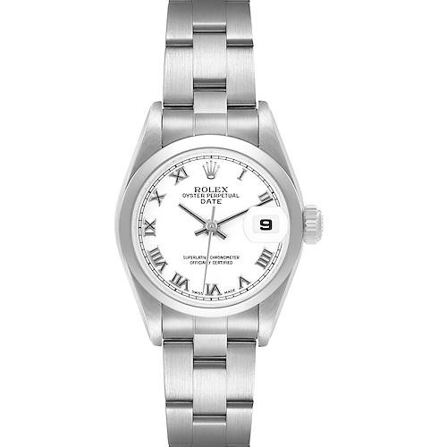 The Rolex Date 79160 Women's Stainless Steel White Dial model watch is shown from a top-down angle, displaying its face, bezel, and bracelet.