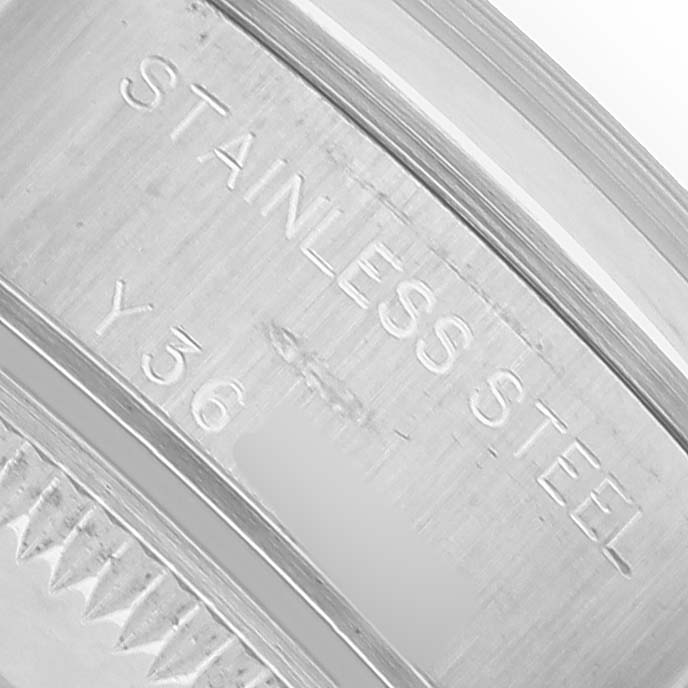 The image shows a close-up of the stainless steel interior of a Rolex Date 79160 Women's Stainless Steel White Dial model watch.