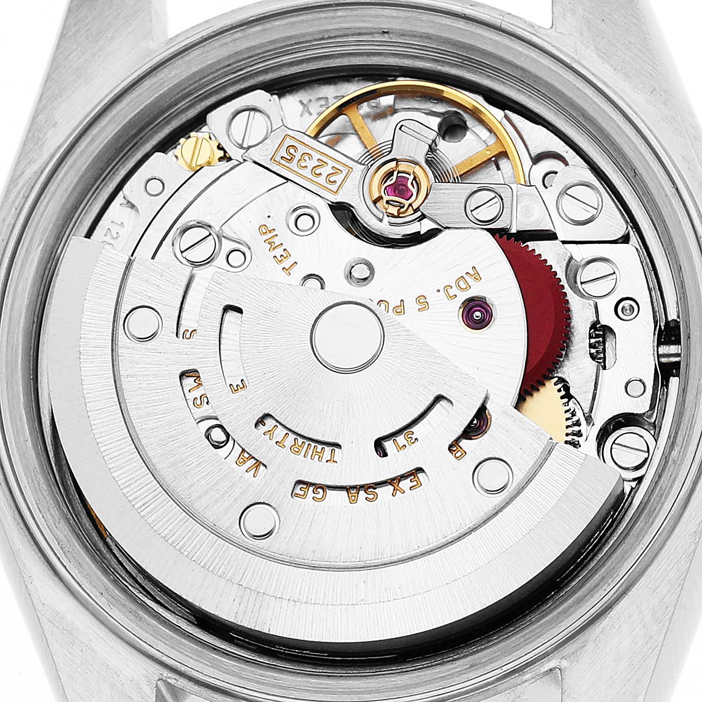 The image shows the movement mechanism of a Rolex Date 79160 Women's Stainless Steel White Dial model watch from the back, highlighting the rotor and intricate components.