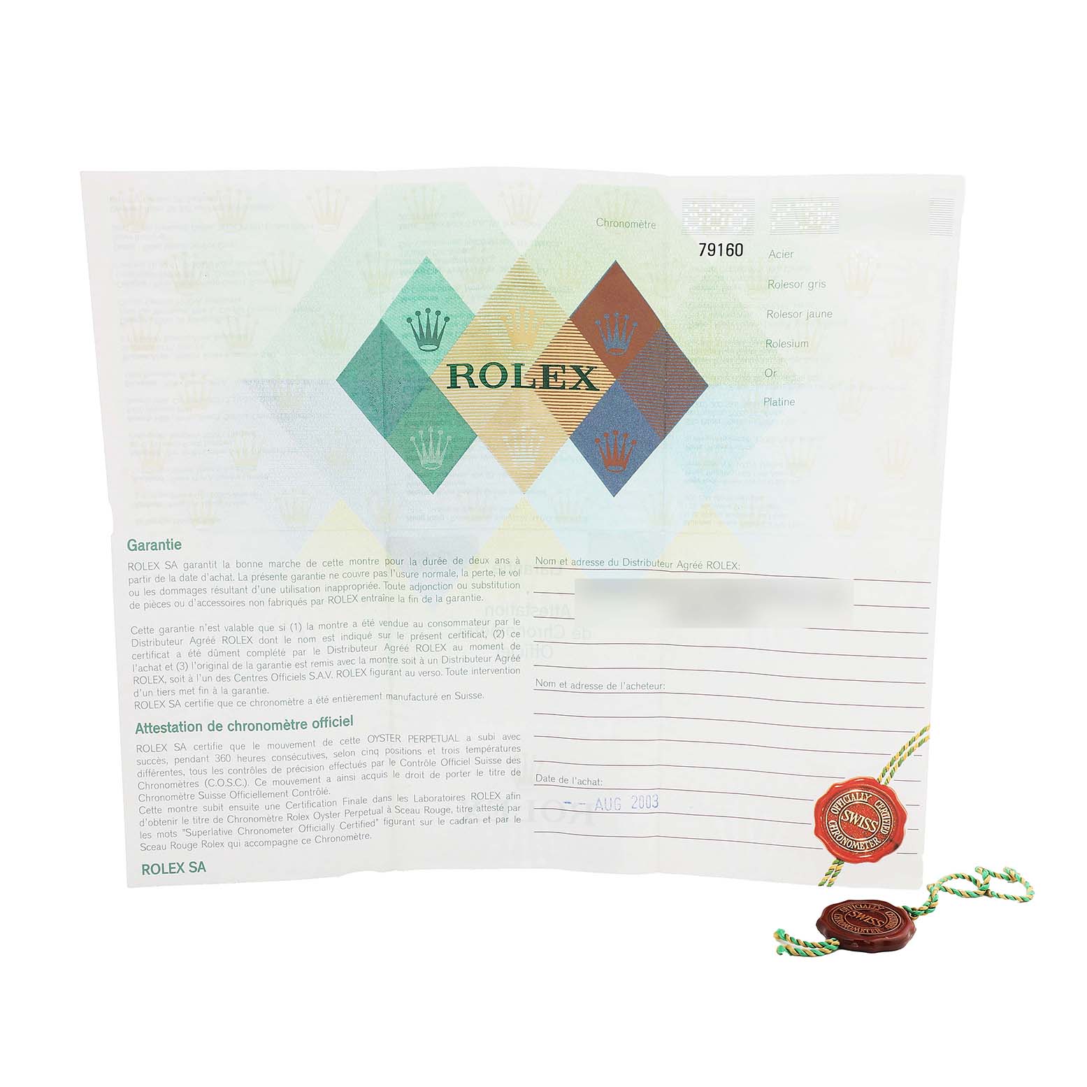 The image shows the warranty papers and hang tags for a Rolex Date 79160 Women's Stainless Steel White Dial model watch.