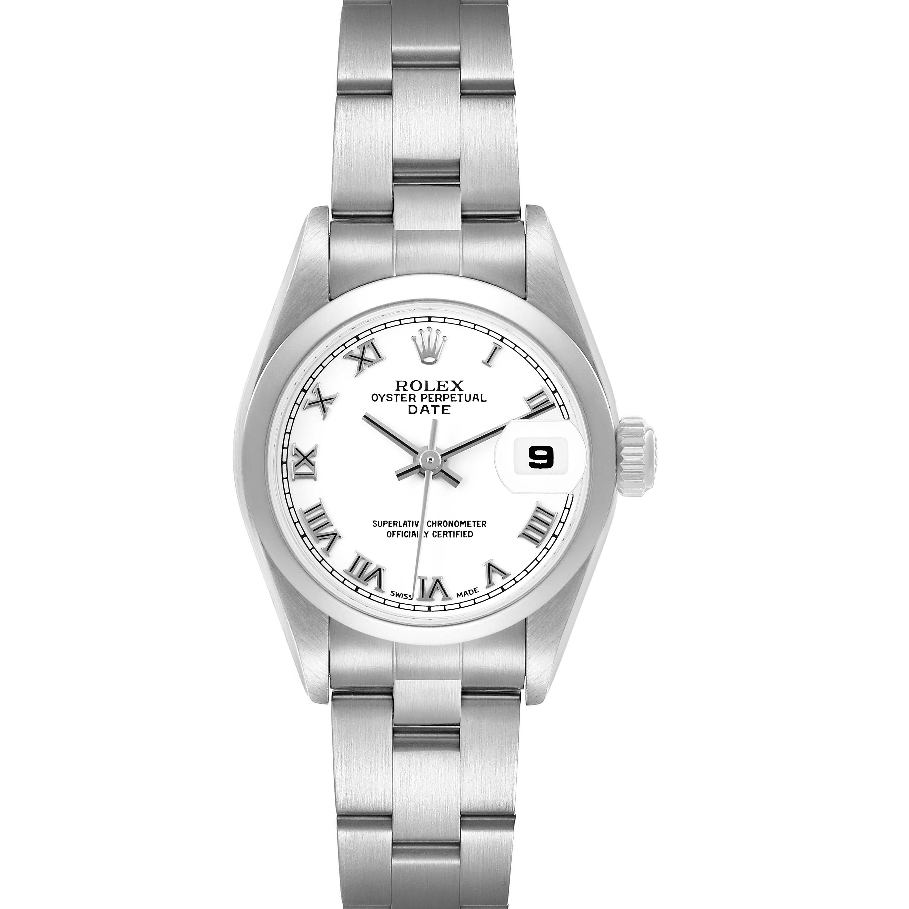 The Rolex Date 79160 Women's Stainless Steel White Dial model is shown from a front angle, displaying the dial, bezel, and bracelet.