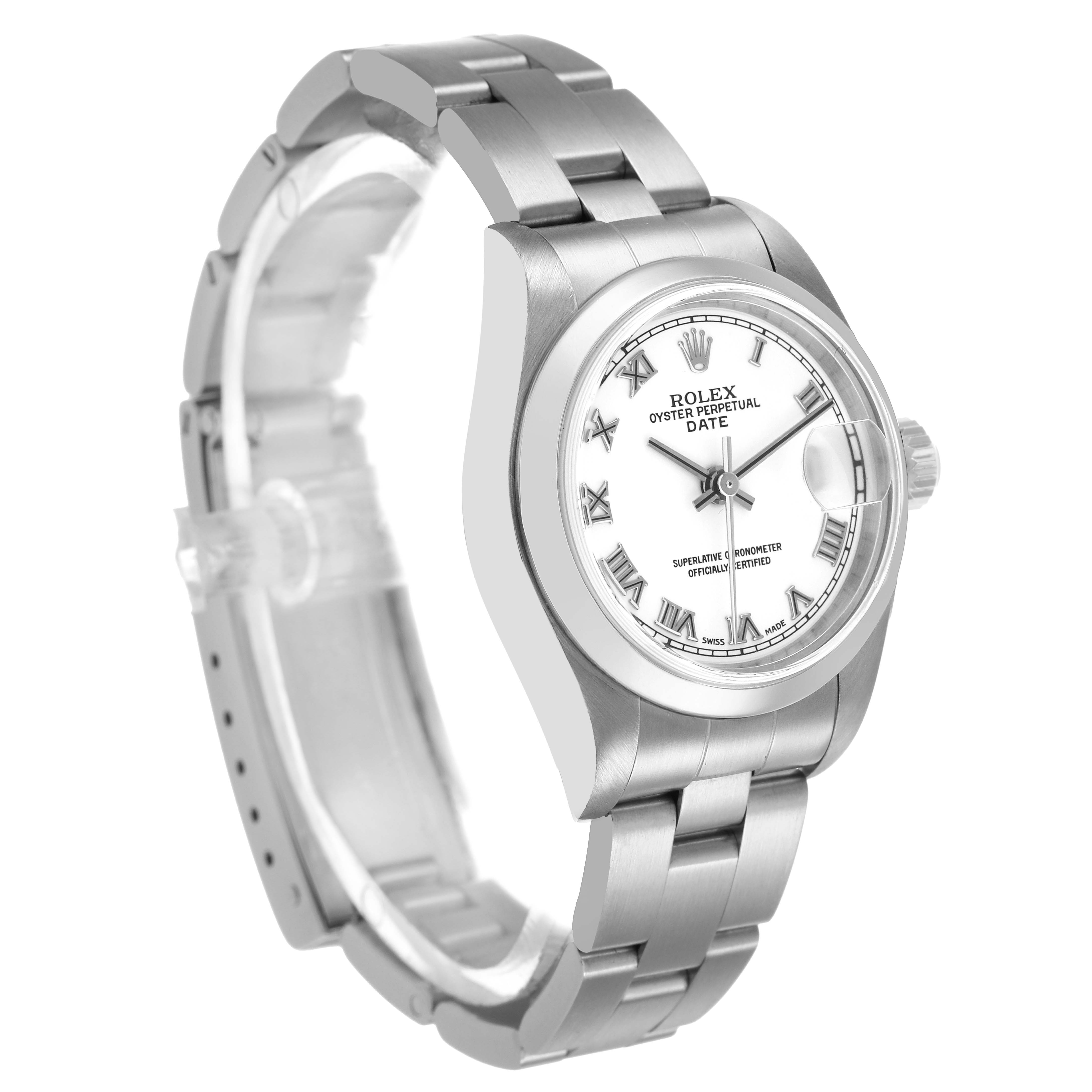 The Rolex Date 79160 Women's Stainless Steel White Dial watch is shown at a slight angle, highlighting the face, bezel, and bracelet.
