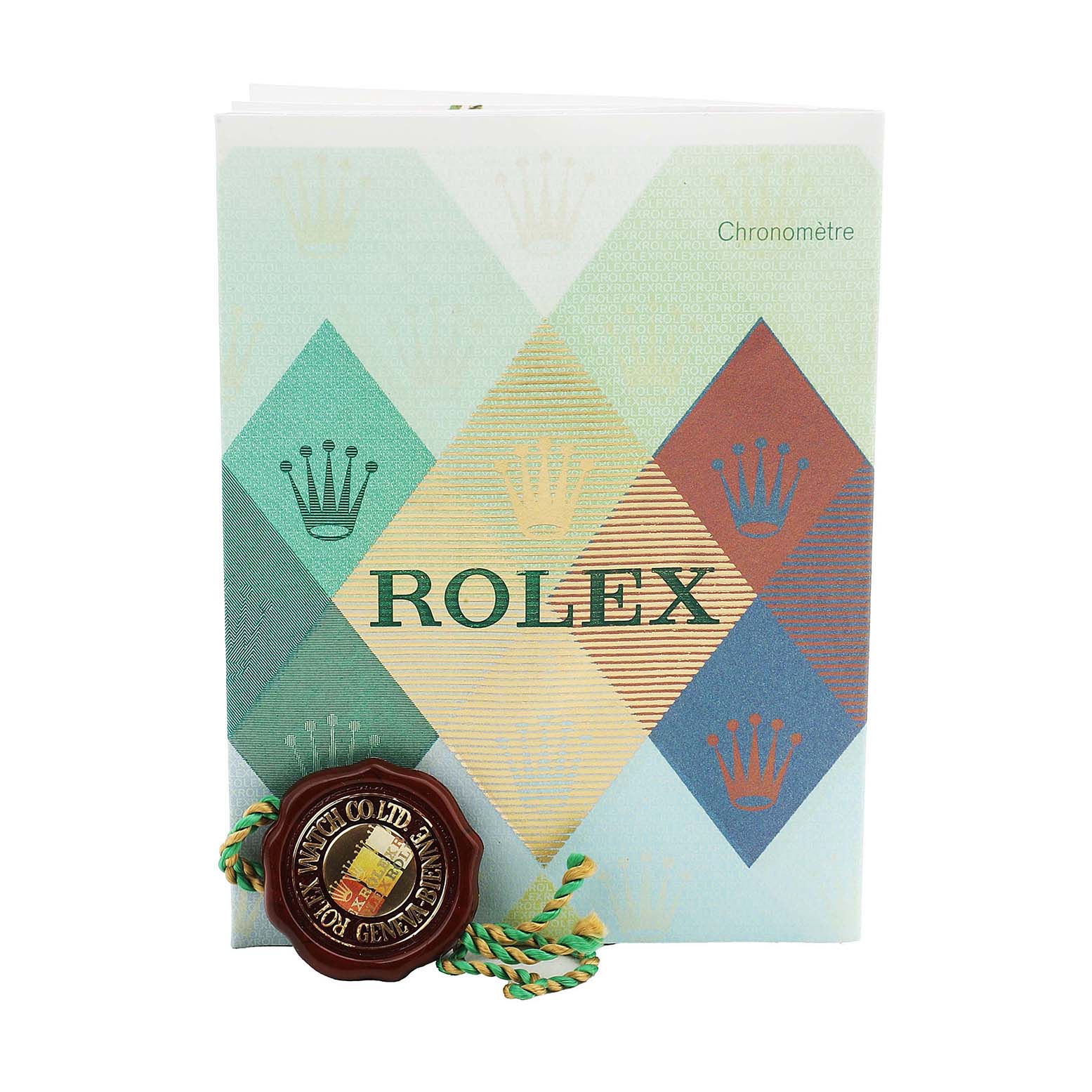 The image shows a Rolex Date 79160 Women's Stainless Steel White Dial model certificate and seal with a colorful geometric pattern featuring the Rolex logo.