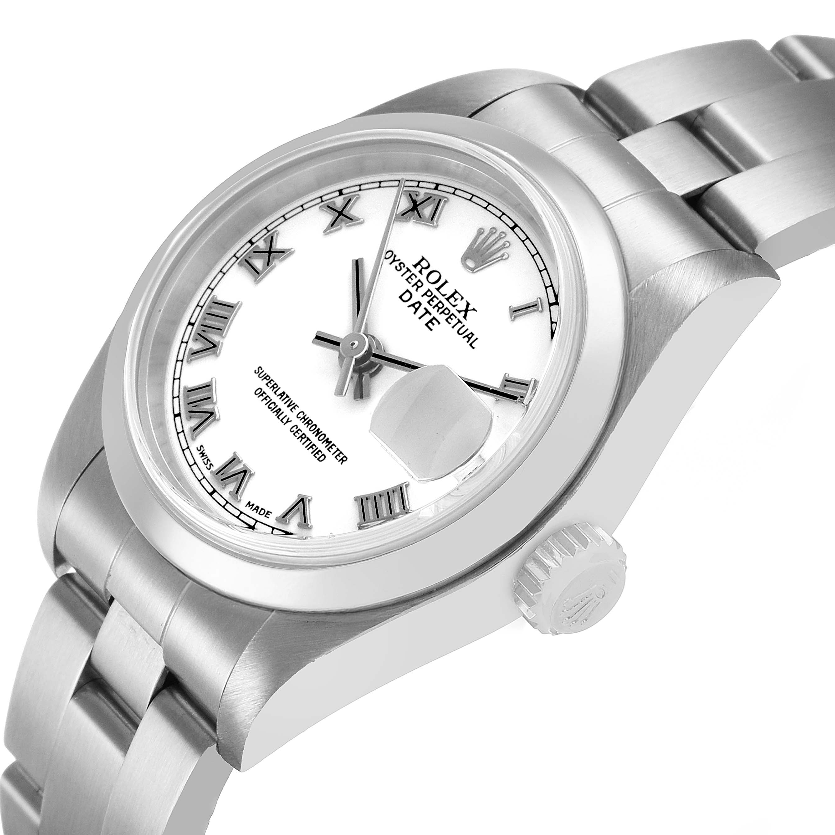 The image shows a side angle of the Rolex Date 79160 Women's Stainless Steel White Dial model, featuring the dial, bezel, crown, and part of the bracelet.
