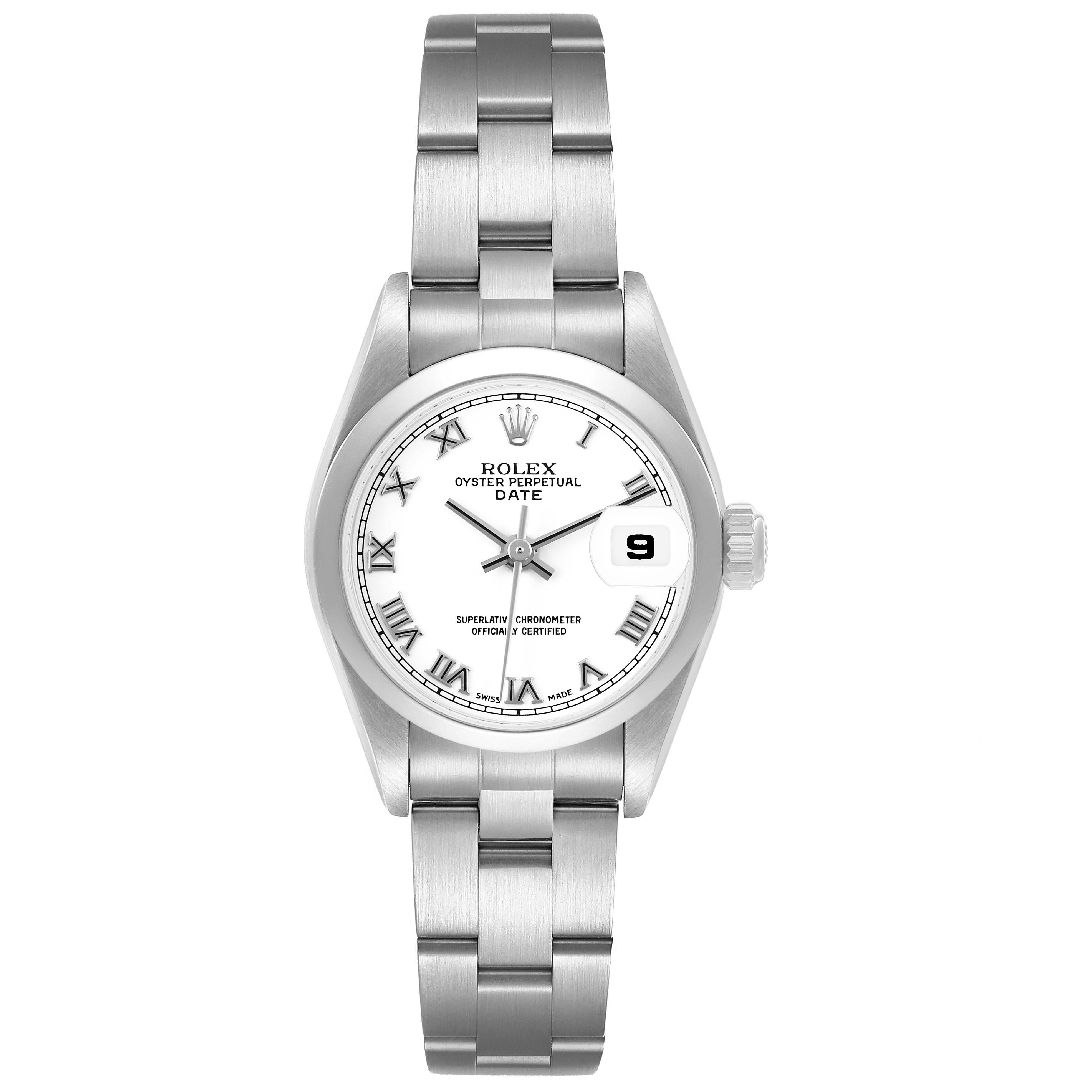 The Rolex Date 79160 Women's Stainless Steel White Dial model watch is shown from a top view, highlighting its dial, bezel, bracelet, and crown.