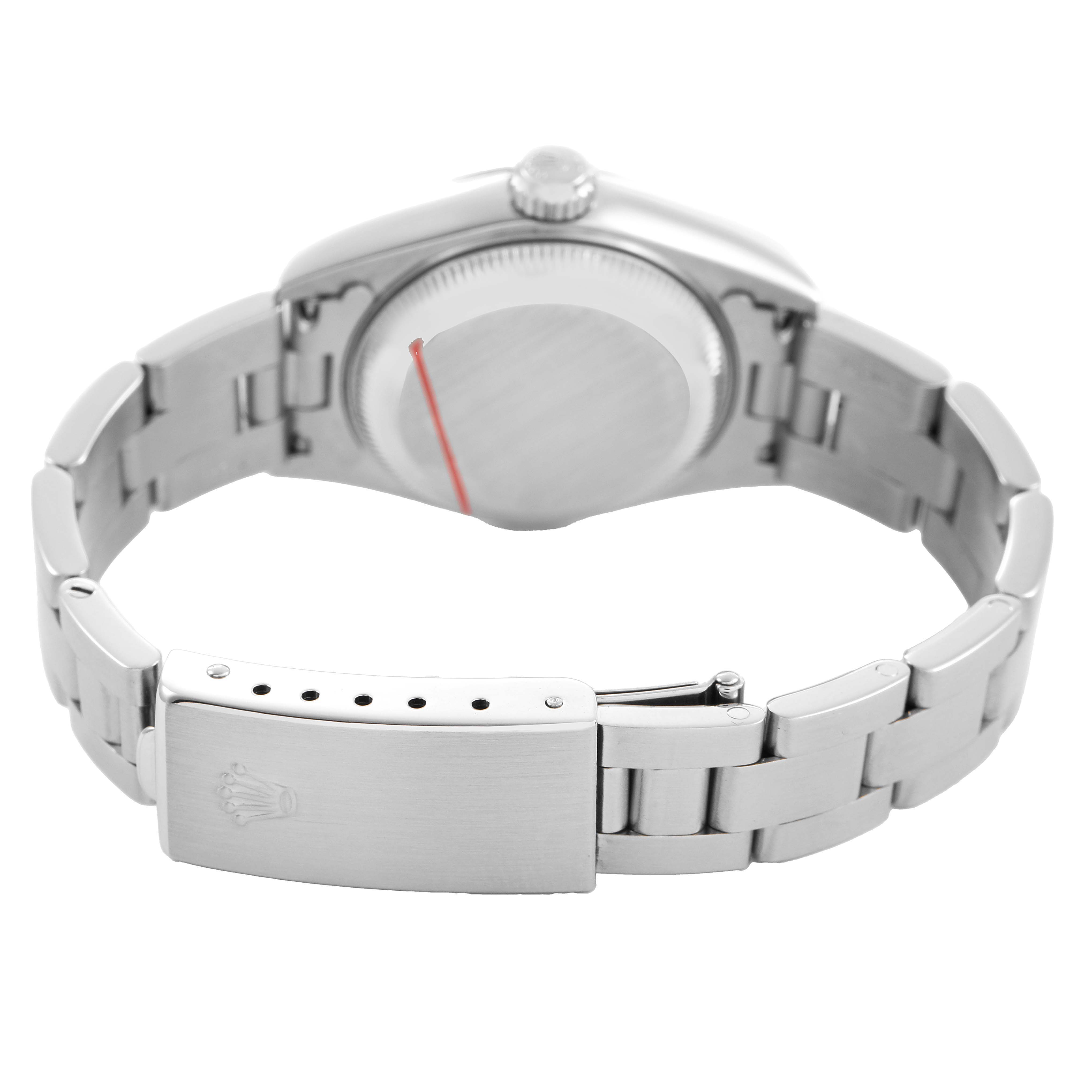 The image shows the back view of a Rolex Date 79160 Women's Stainless Steel White Dial model, highlighting the clasp and bracelet.