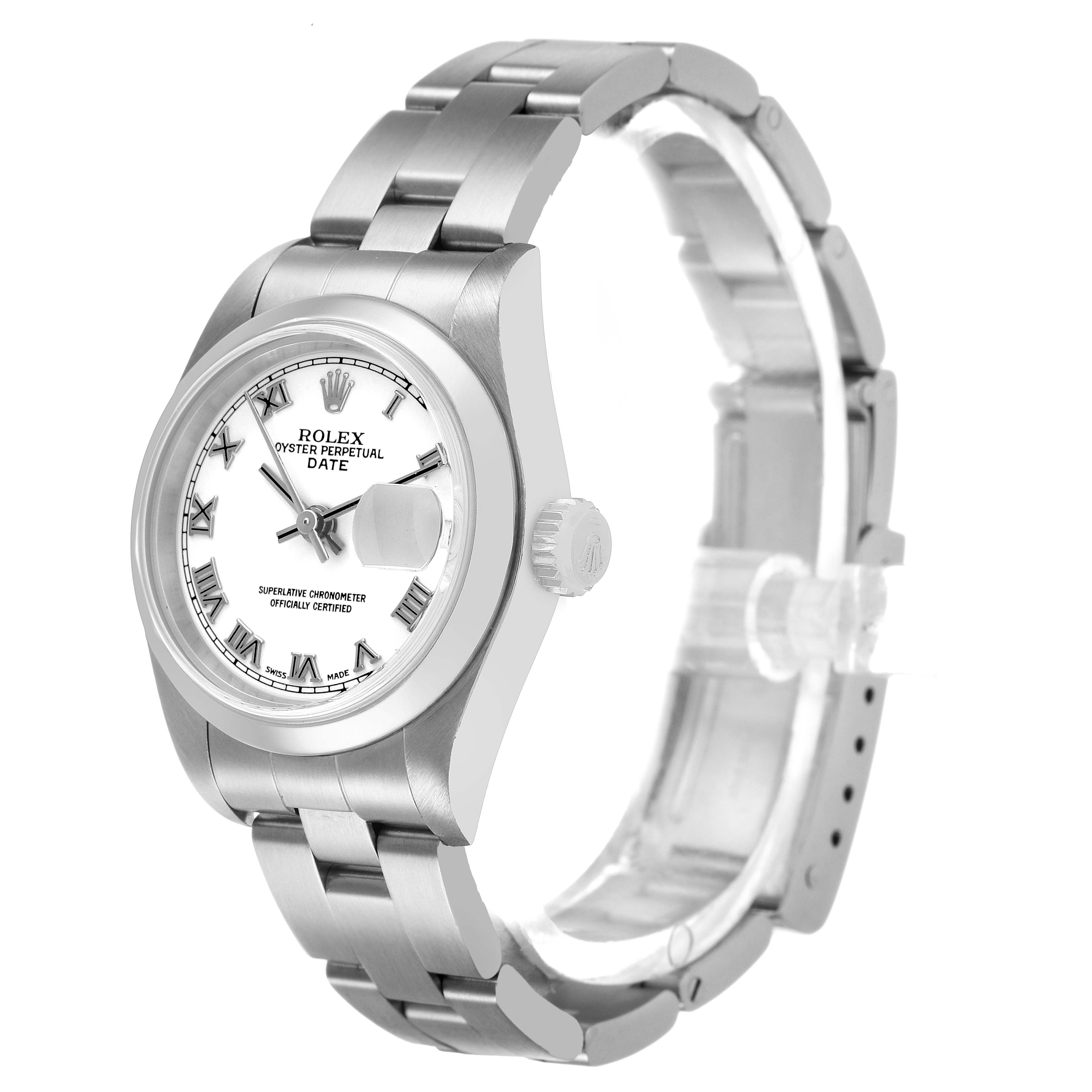 The Rolex Date 79160 Women's Stainless Steel White Dial model is shown at a slight angle, highlighting the dial, bezel, bracelet, and crown.