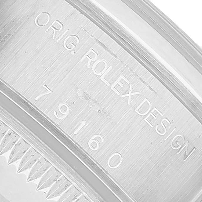 The image shows a close-up of the side of a Rolex Date 79160 Women's Stainless Steel White Dial model, highlighting the engraved serial number and "Orig. Rolex Design."
