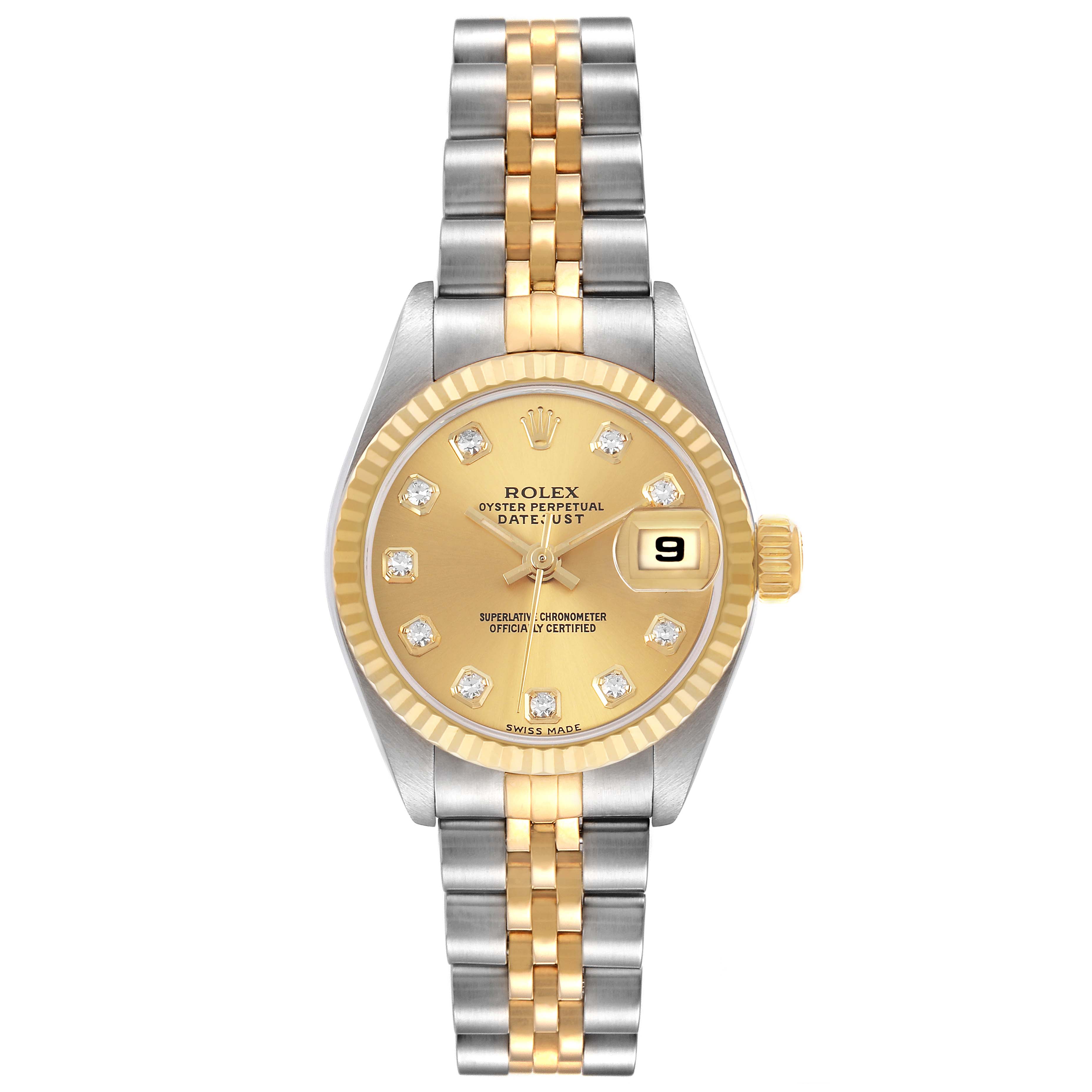The Rolex Datejust 69173 Women's Steel and Gold (two tone) Champagne Dial watch is viewed from the top, showing the dial, bezel, bracelet, and crown.