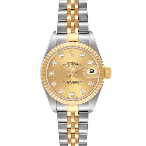 The Rolex Datejust 69173 Women's Steel and Gold (two tone) Champagne Dial watch is shown from a top-down angle, highlighting the gold dial, bezel, and two-tone bracelet.