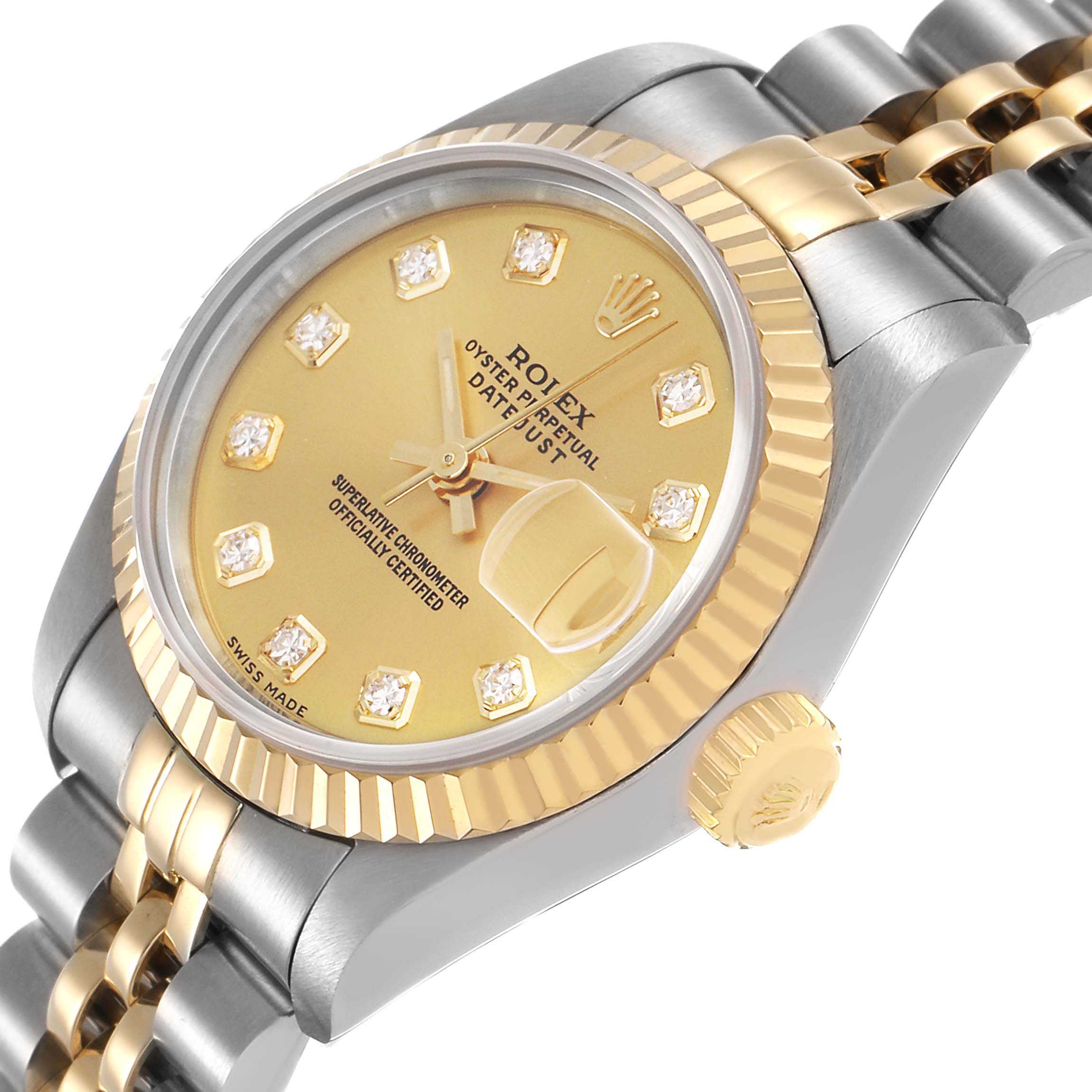The Rolex Datejust 69173 Women's Steel and Gold (two tone) Champagne Dial watch is shown at an angle highlighting the gold face, diamond markers, fluted bezel, and two-tone bracelet.