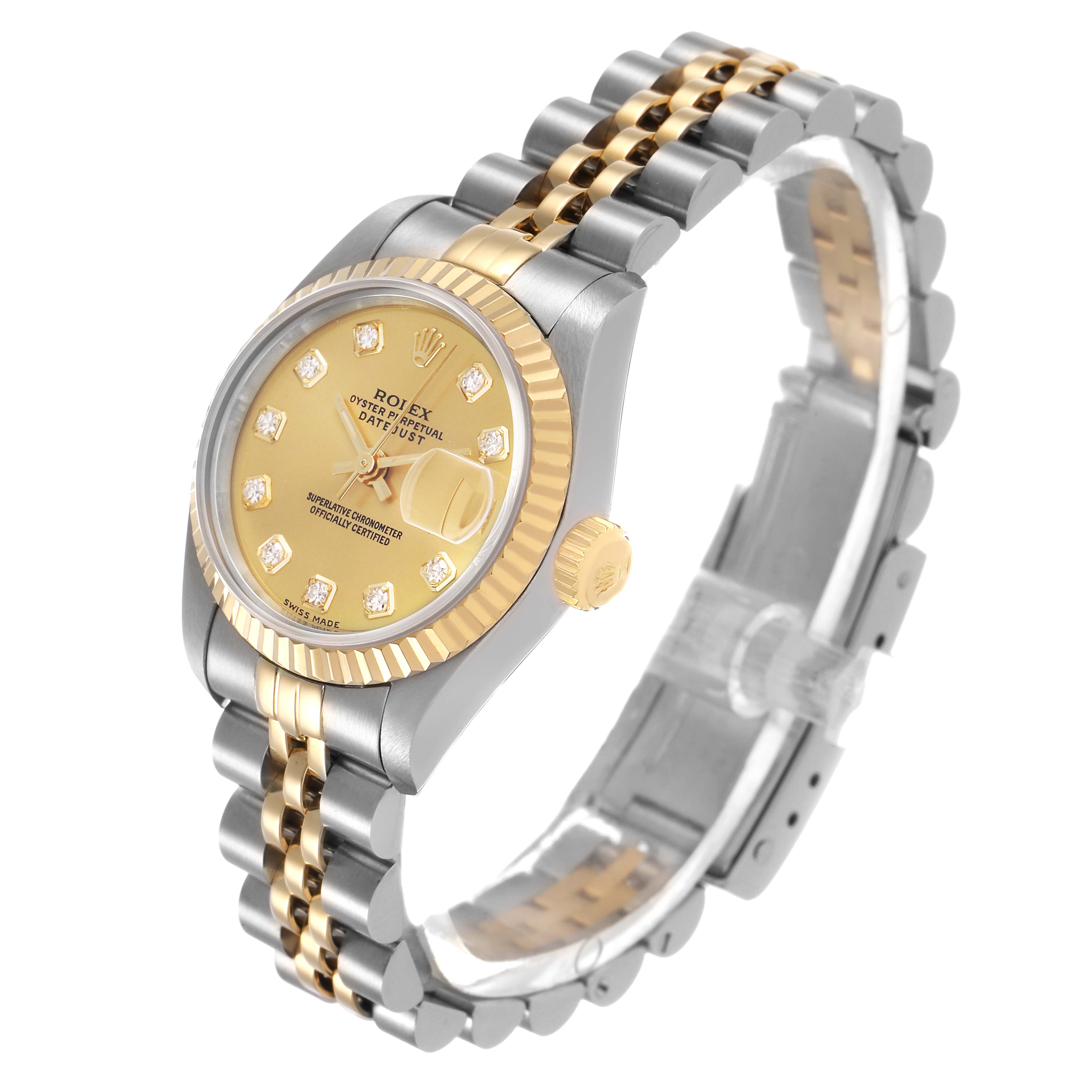 The Rolex Datejust 69173 Women's Steel and Gold (two tone) Champagne Dial watch is shown at a three-quarter angle, highlighting the gold dial, fluted bezel, and Jubilee bracelet.