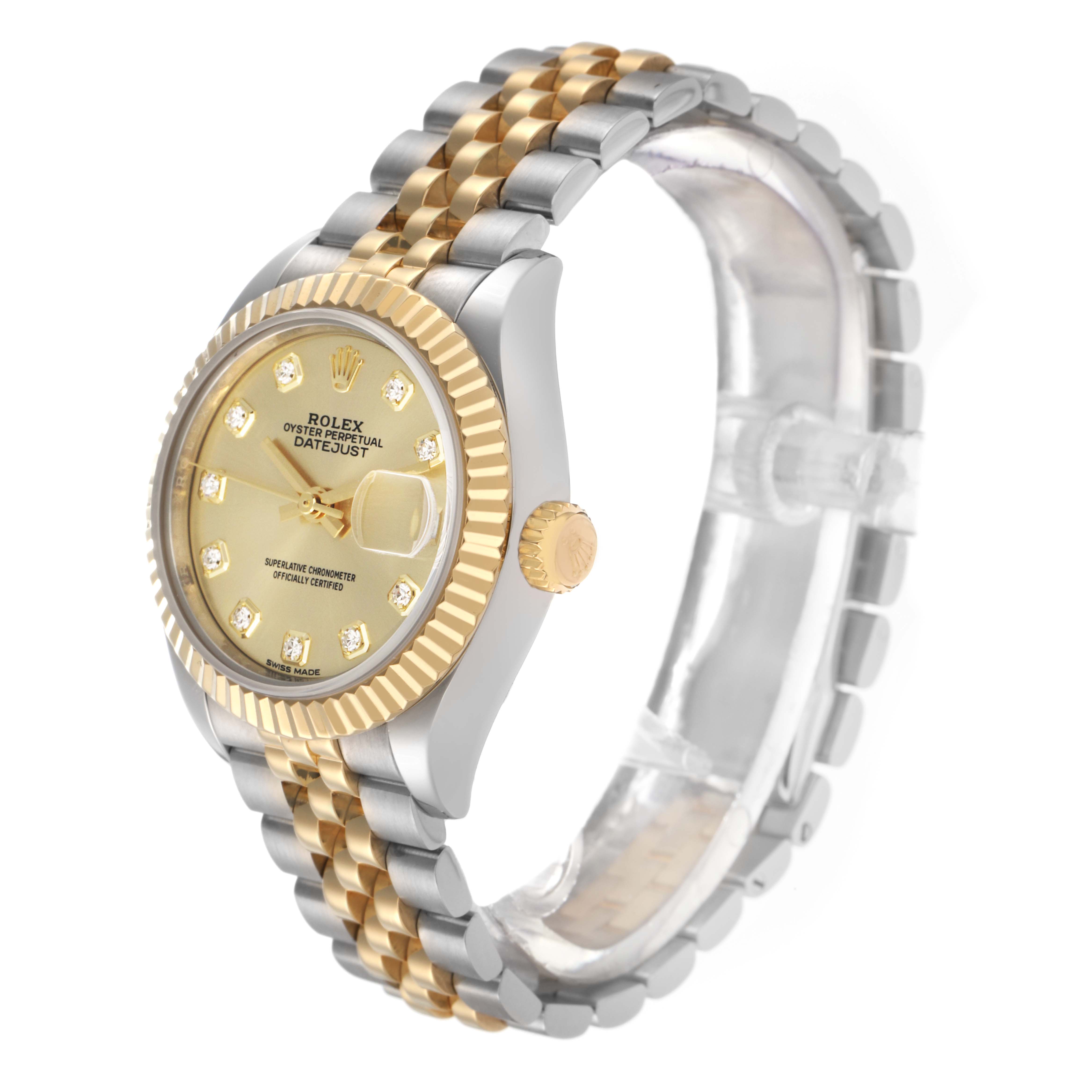 The image shows a Rolex Datejust model 279173 from an angled side view, highlighting the bezel, dial, crown, and two-tone bracelet.