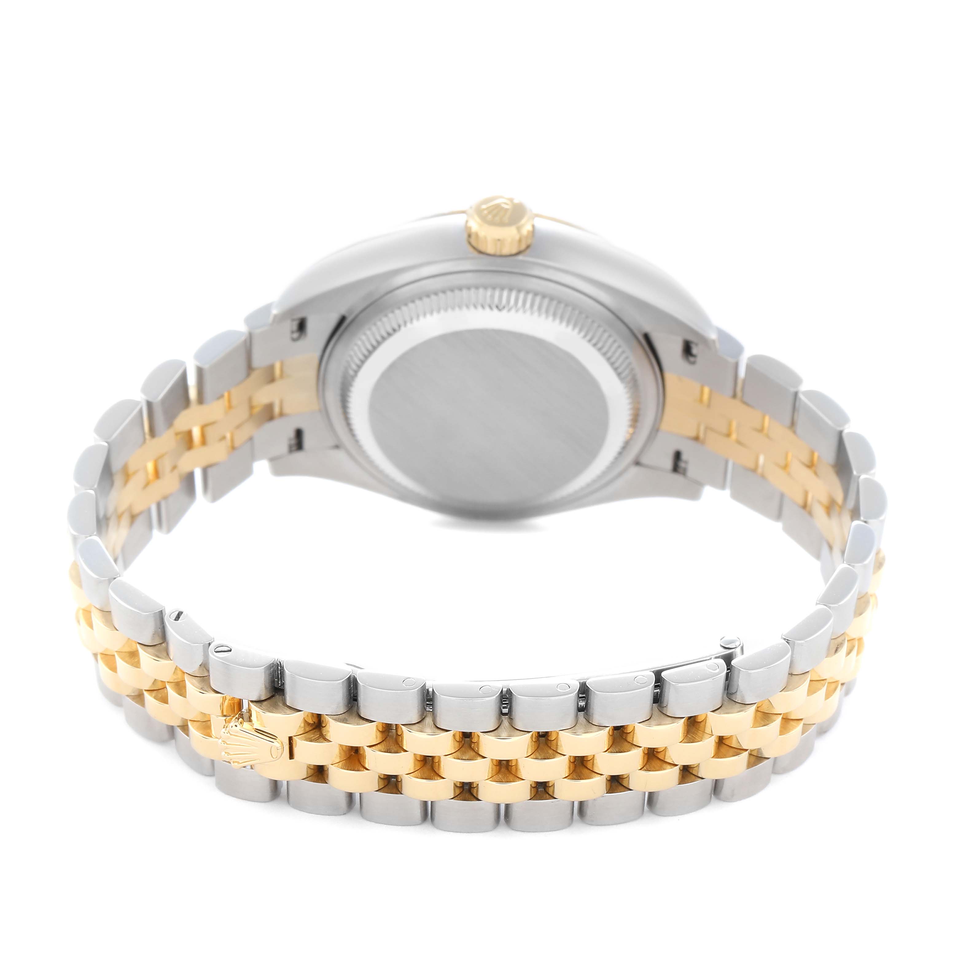 The image shows the Rolex Datejust model 279173 from the back, highlighting its case back, crown, and two-tone jubilee bracelet.