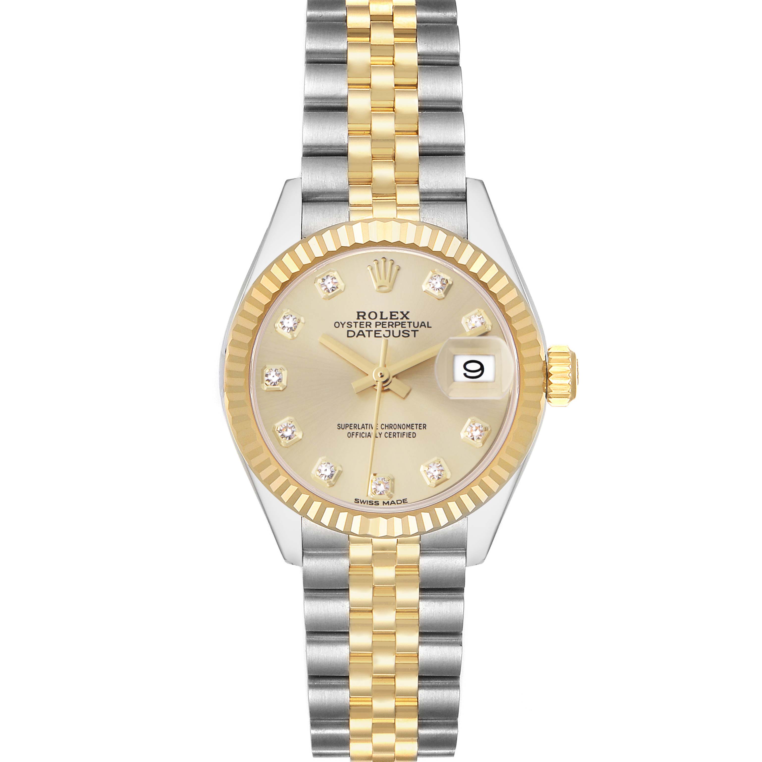 The image shows a front view of a Rolex Datejust model 279173 men's watch, highlighting its gold and silver Jubilee bracelet, fluted bezel, and champagne dial with diamond hour markers.