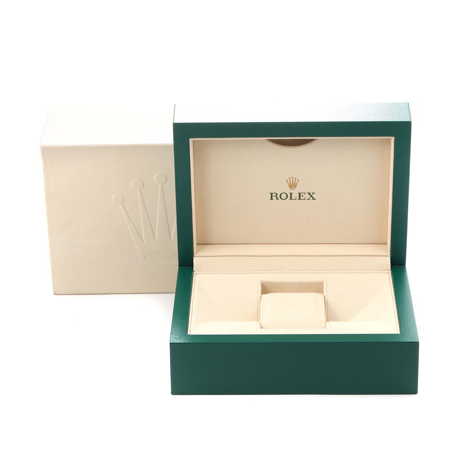 The image shows the open box for a Rolex Datejust model 279173, highlighting the brand’s signature green and beige color scheme and crown logo.