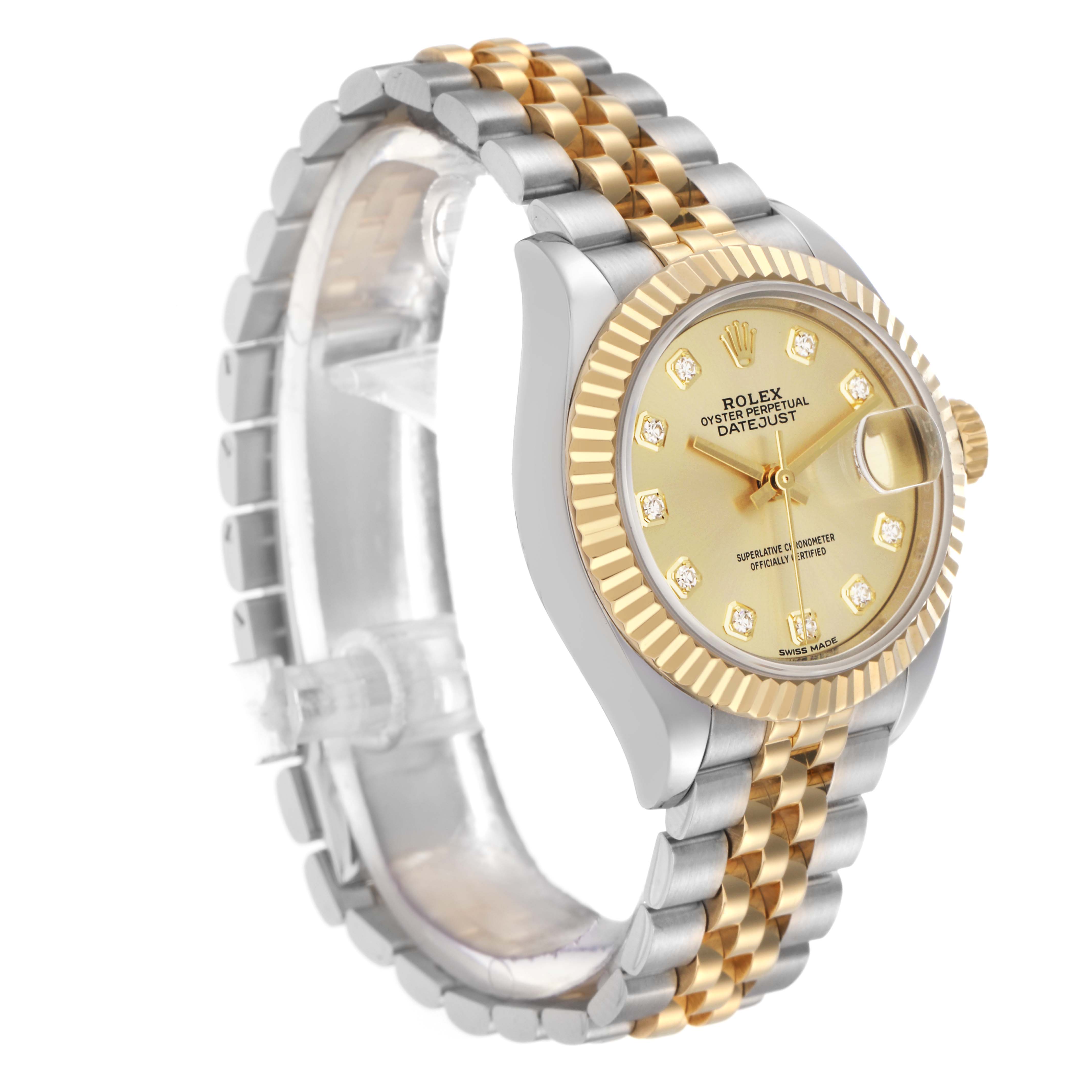 The Rolex Datejust model 279173 watch is shown at a side angle, highlighting its two-tone bracelet, fluted bezel, and champagne dial with diamond hour markers.