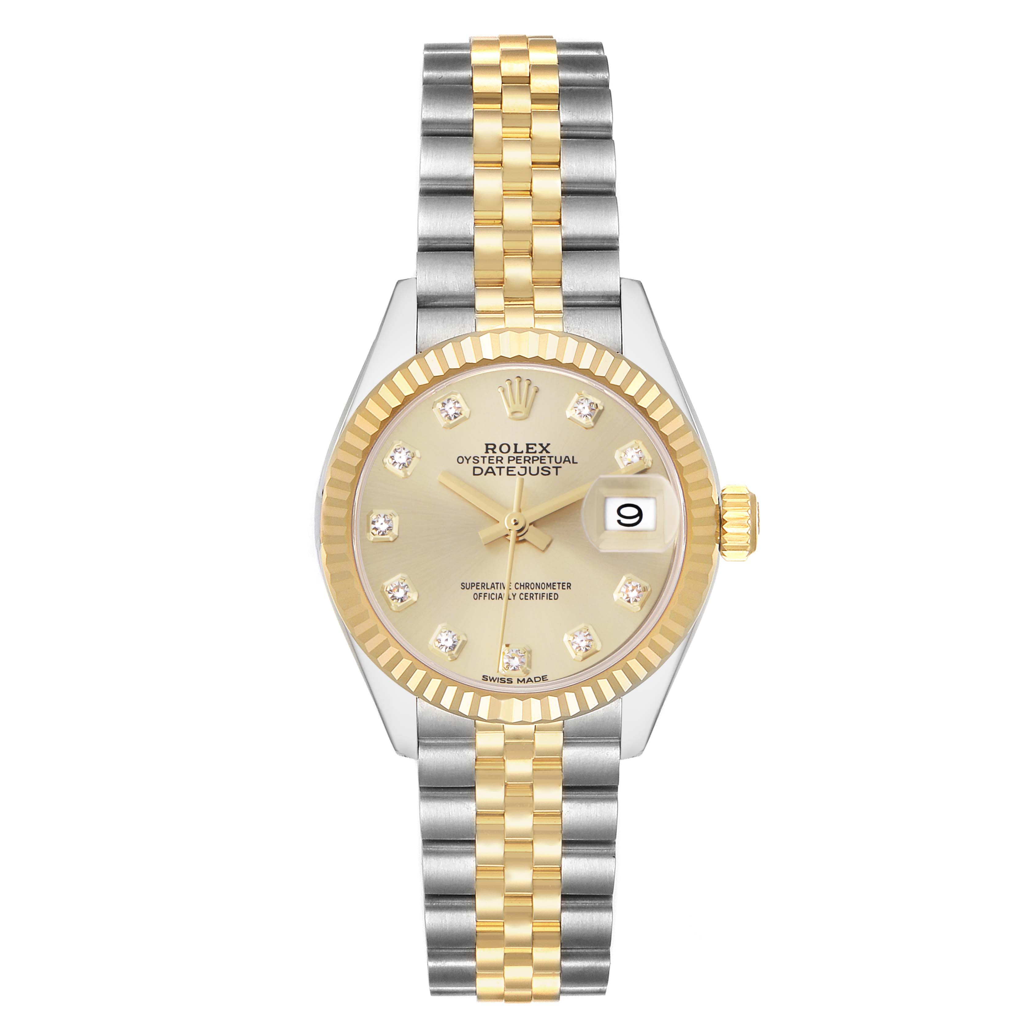The Rolex Datejust 279173 is shown from the front, highlighting the dial, bezel, and two-tone bracelet.