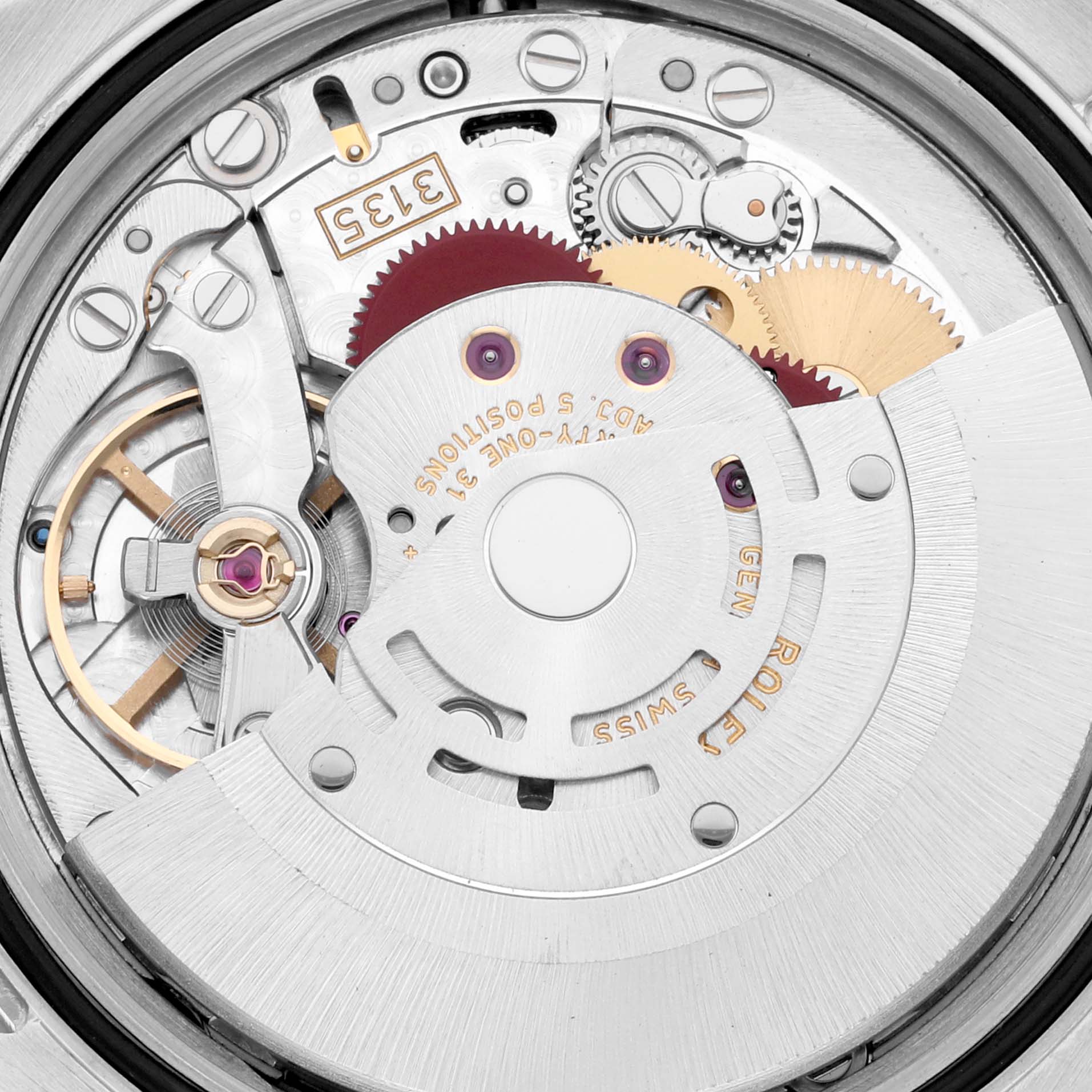 The image shows a close-up of the inner mechanical movement of a Rolex Datejust 116234 Men's Stainless Steel Mother of Pearl Dial 116234 Men's Stainless Steel Mother of Pearl Dial watch.
