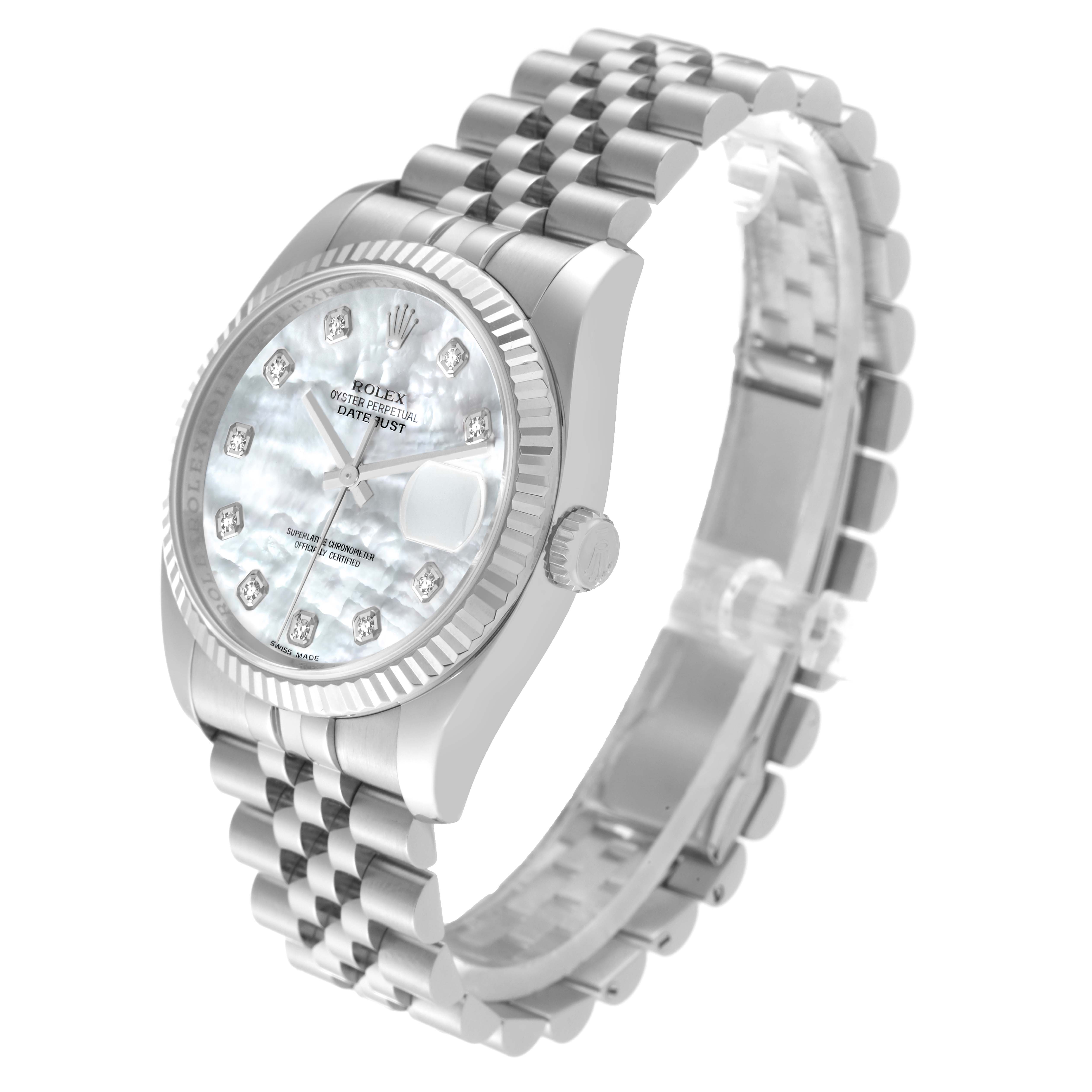 This image shows a side angle of the Rolex Datejust 116234 Men's Stainless Steel Mother of Pearl Dial 116234 Men's Stainless Steel Mother of Pearl Dial watch, highlighting its bracelet, crown, and dial.