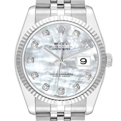 The image shows a front view of the Rolex Datejust watch, highlighting the dial, hands, date window, and part of the bracelet.