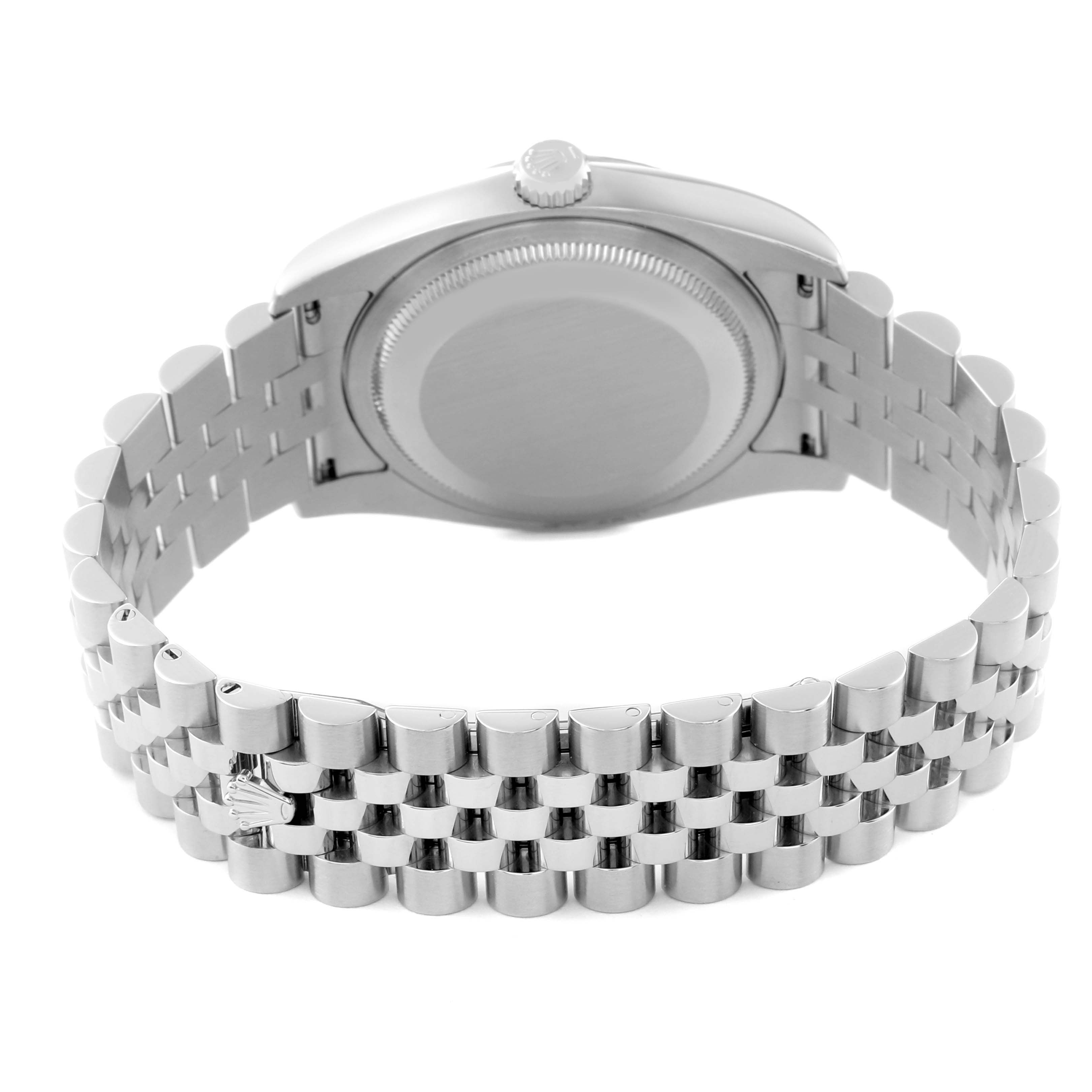 This is a rear view of the Rolex Datejust 116234 Men's Stainless Steel Mother of Pearl Dial 116234 Men's Stainless Steel Mother of Pearl Dial watch showing the case back and Jubilee bracelet.