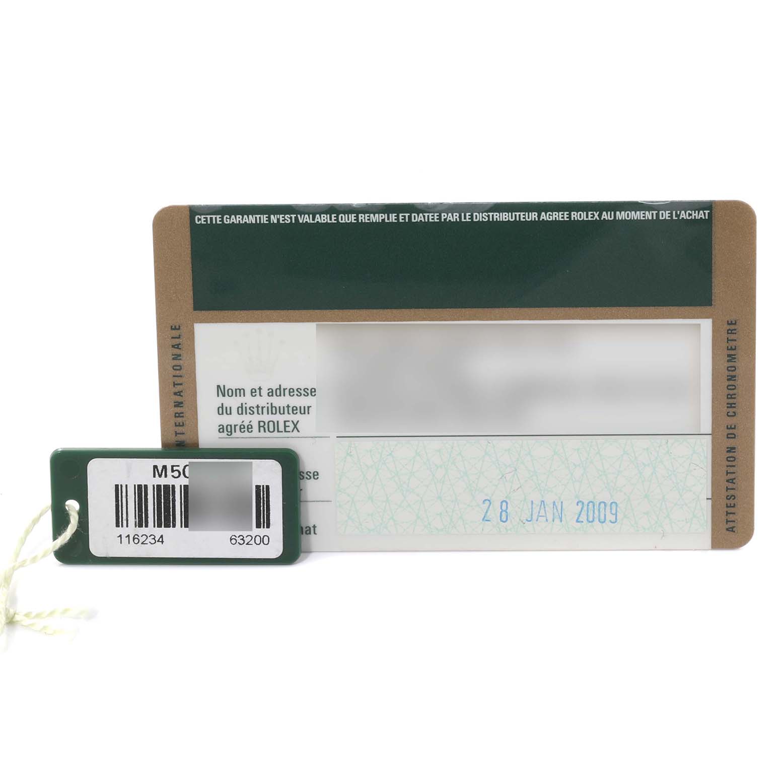 The image shows a Rolex Datejust 116234 Men's Stainless Steel Mother of Pearl Dial 116234 Men's Stainless Steel Mother of Pearl Dial warranty card and a green tag with barcodes, partially obscured in white.