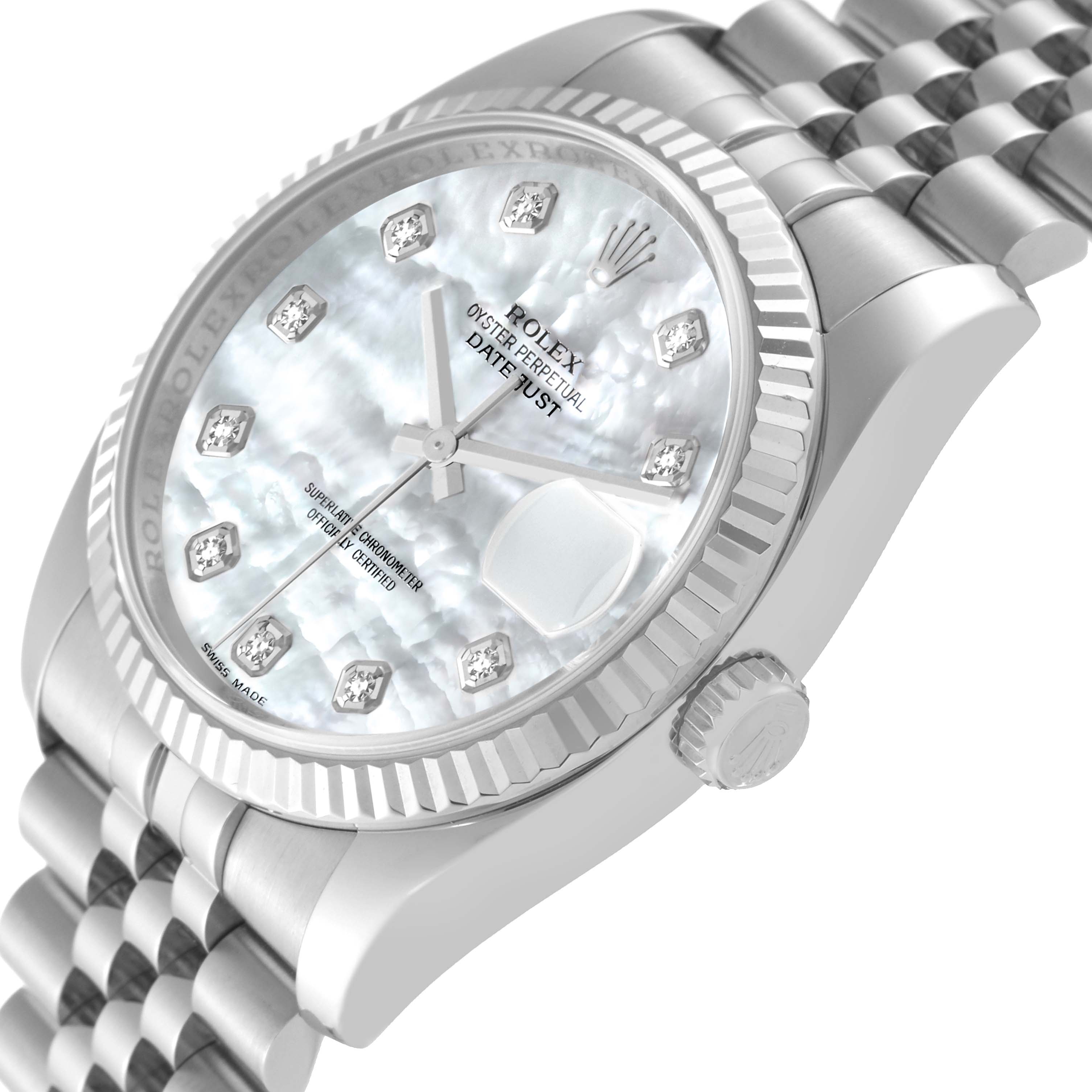 This image shows a close-up side-angle view of the Rolex Datejust 116234 Men's Stainless Steel Mother of Pearl Dial 116234 Men's Stainless Steel Mother of Pearl Dial watch, highlighting the bezel, dial, and bracelet.
