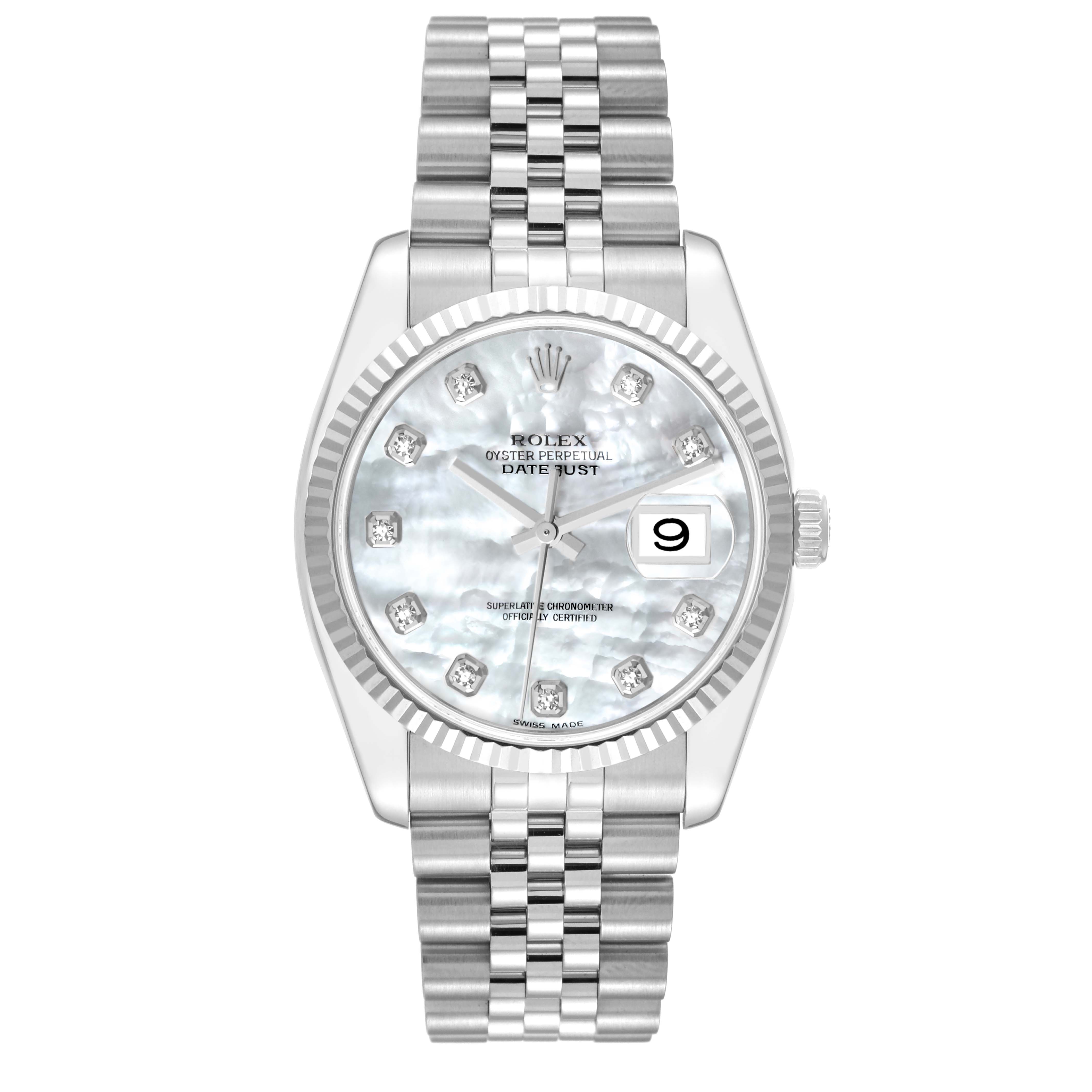 This is a Rolex Datejust 116234 Men's Stainless Steel Mother of Pearl Dial 116234 Men's Stainless Steel Mother of Pearl Dial watch shown from a top-down view, highlighting its dial, case, and bracelet.