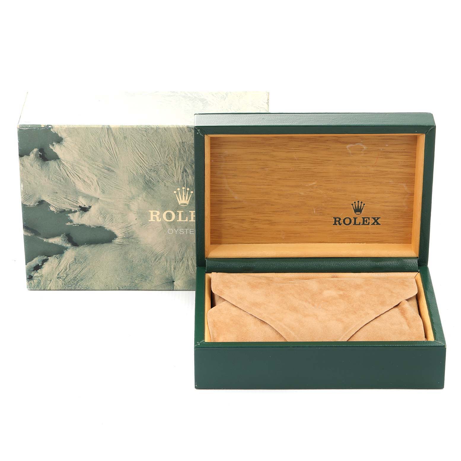 The image shows the box and pouch accessories for the Rolex Datejust 16234 Men's Stainless Steel Silver Dial 16234 Men's Stainless Steel Silver Dial watch.