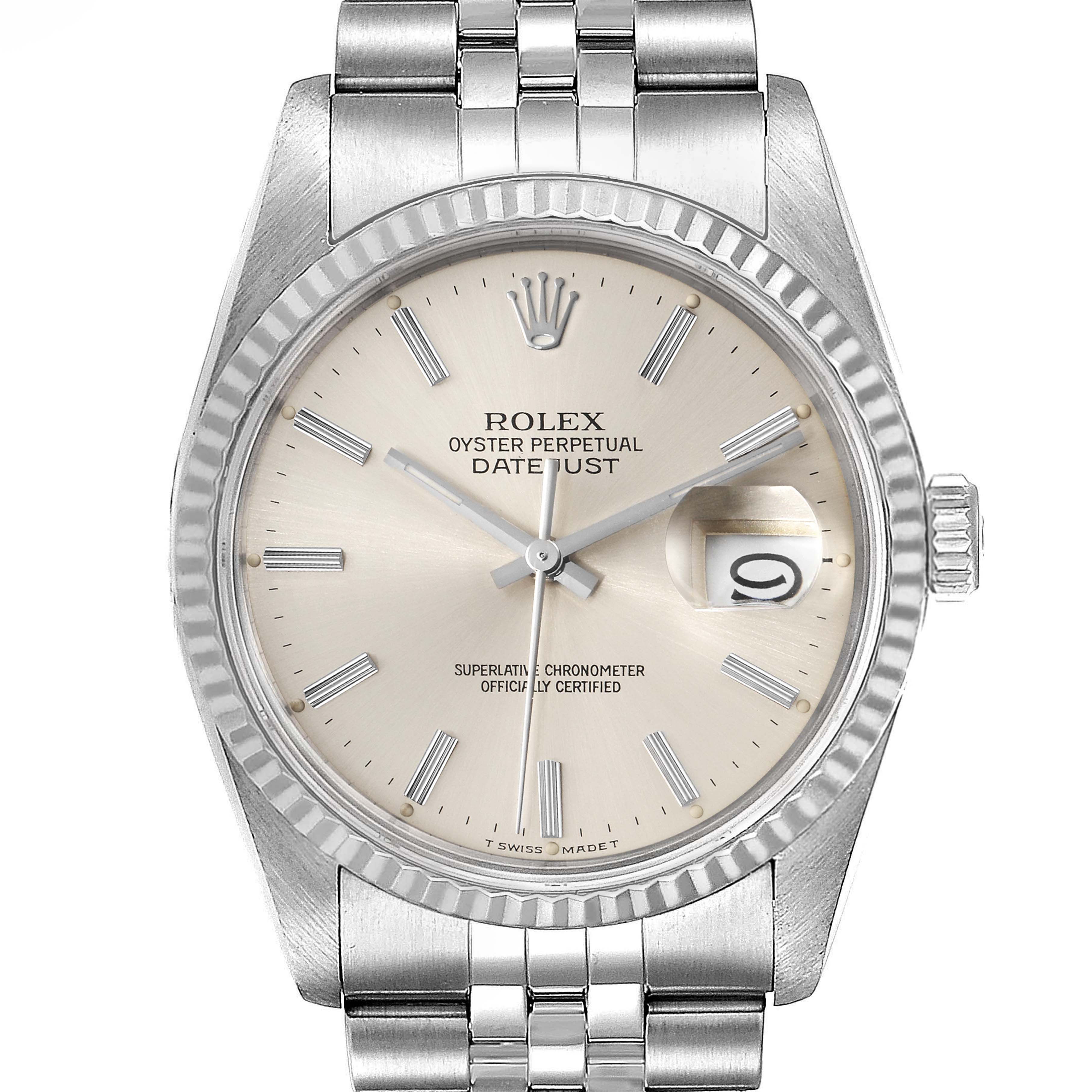The image shows a close-up, front view of a Rolex Datejust 16234 Men's Stainless Steel Silver Dial 16234 Men's Stainless Steel Silver Dial watch, displaying its face, bezel, crown, and bracelet.
