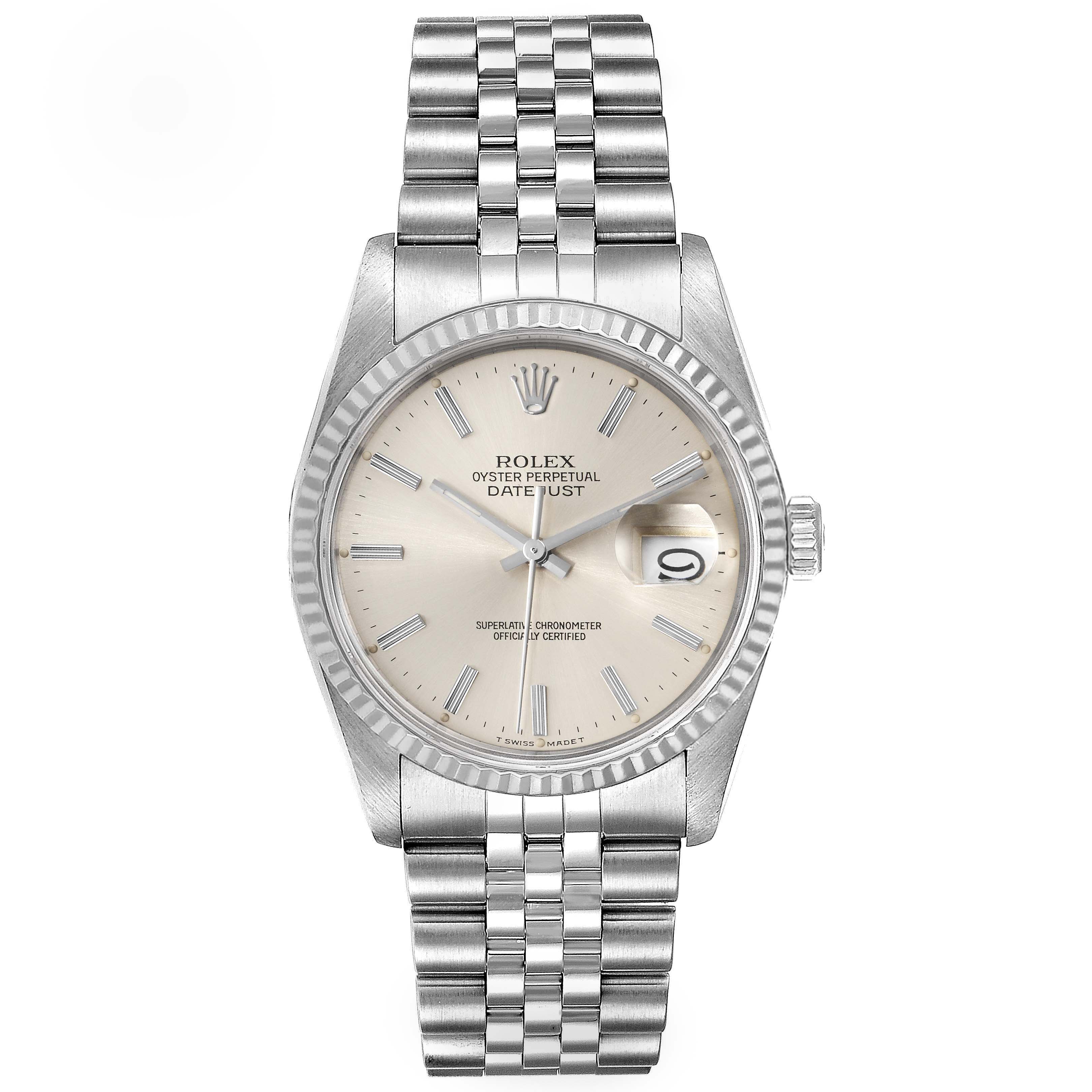The image shows a Rolex Datejust 16234 Men's Stainless Steel Silver Dial 16234 Men's Stainless Steel Silver Dial watch from the front, displaying the dial, bezel, bracelet, and crown.
