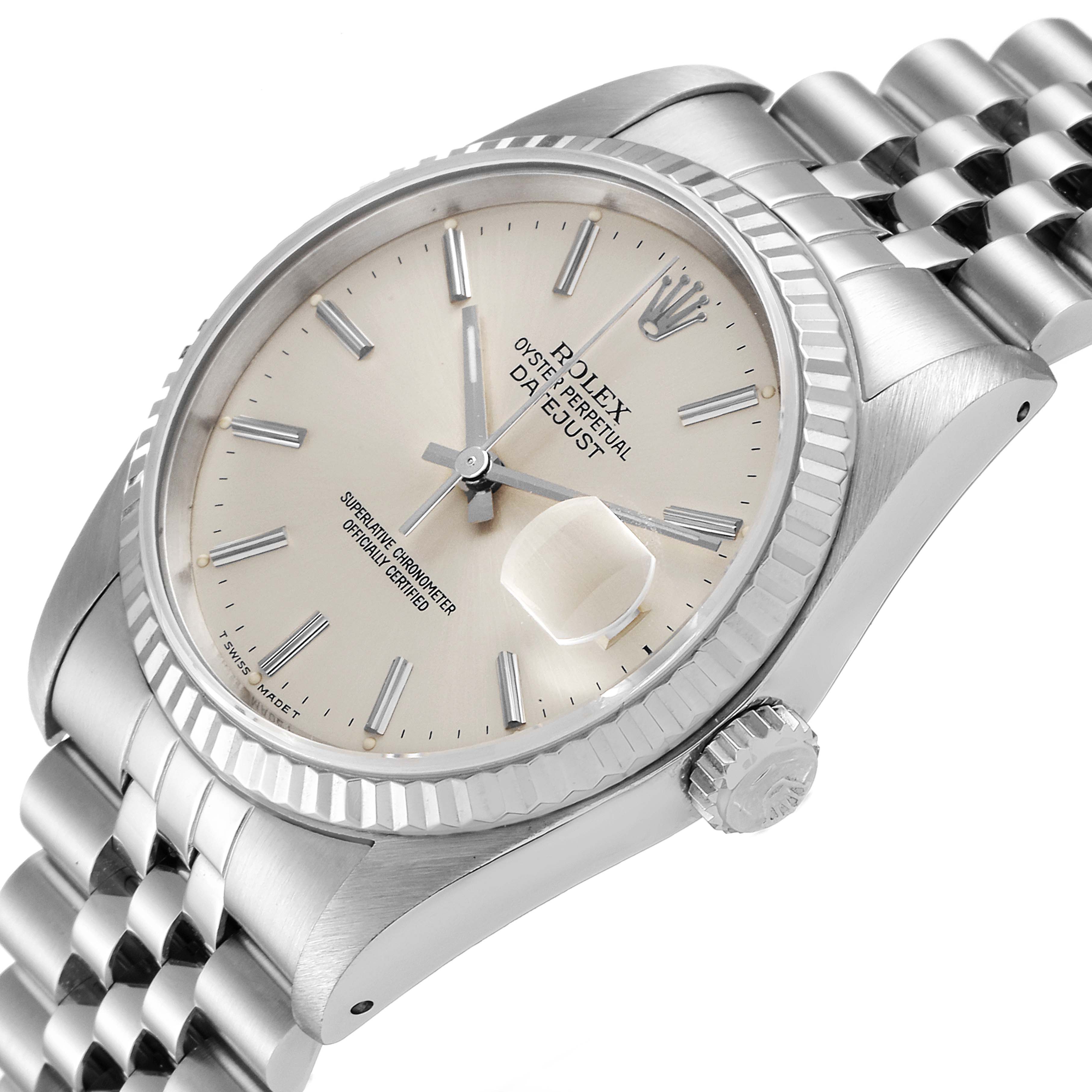 The image shows a Rolex Datejust 16234 Men's Stainless Steel Silver Dial 16234 Men's Stainless Steel Silver Dial model watch at a slight angle, highlighting the face, bezel, crown, and bracelet.