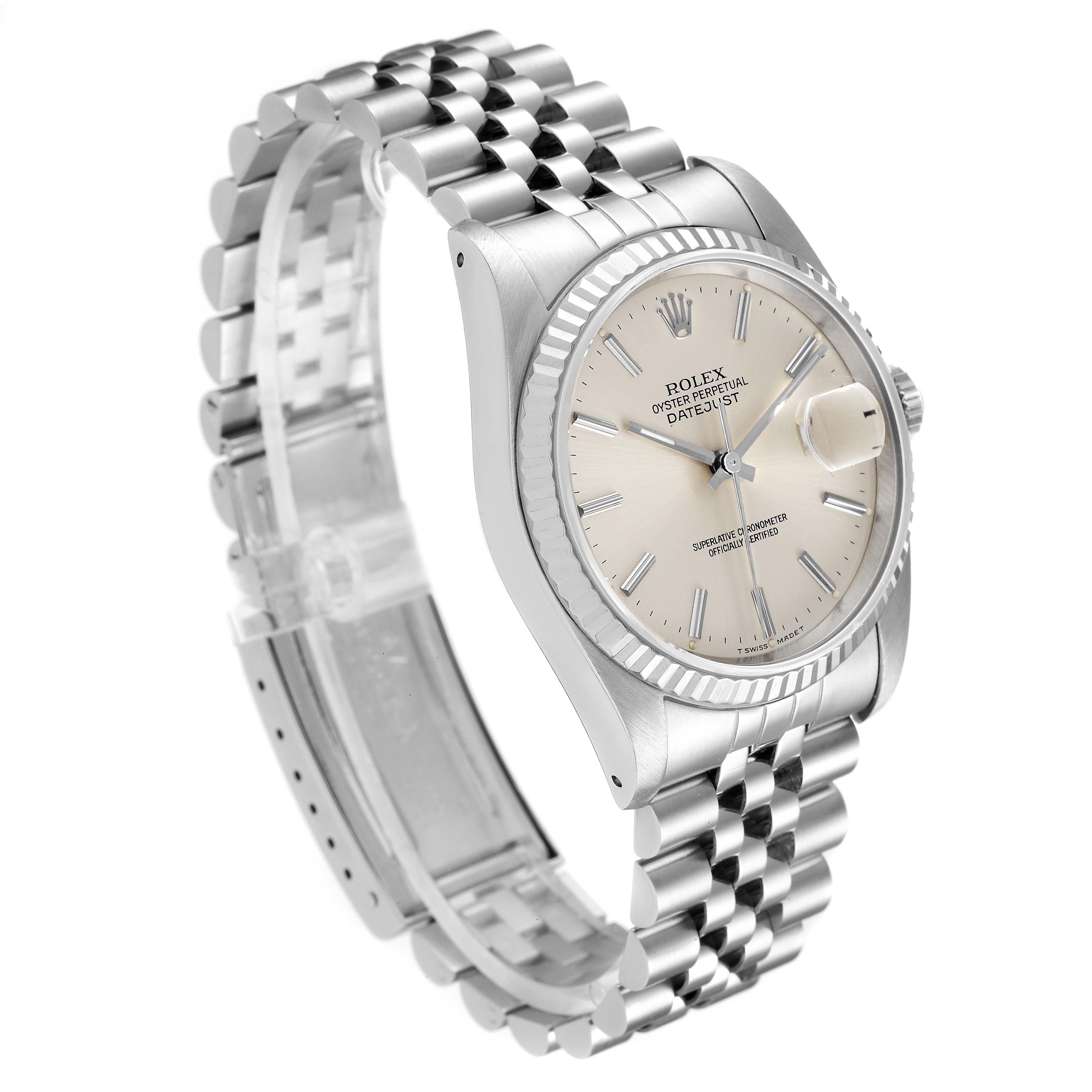The image shows a Rolex Datejust 16234 Men's Stainless Steel Silver Dial 16234 Men's Stainless Steel Silver Dial watch at a three-quarter angle, highlighting the face, bezel, and bracelet.