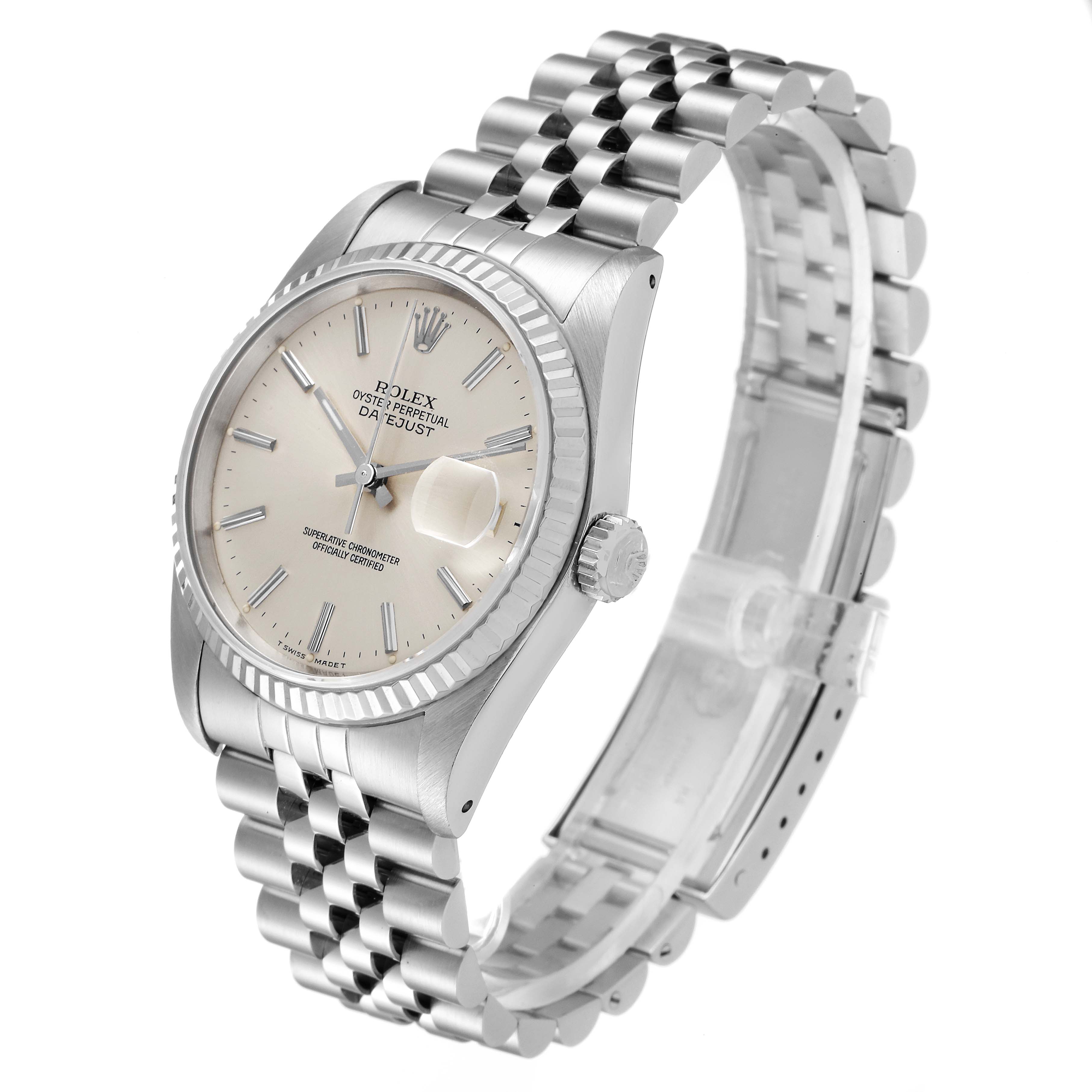 The Rolex Datejust 16234 Men's Stainless Steel Silver Dial 16234 Men's Stainless Steel Silver Dial watch is shown at a three-quarter angle, displaying the face, bezel, crown, and jubilee bracelet.
