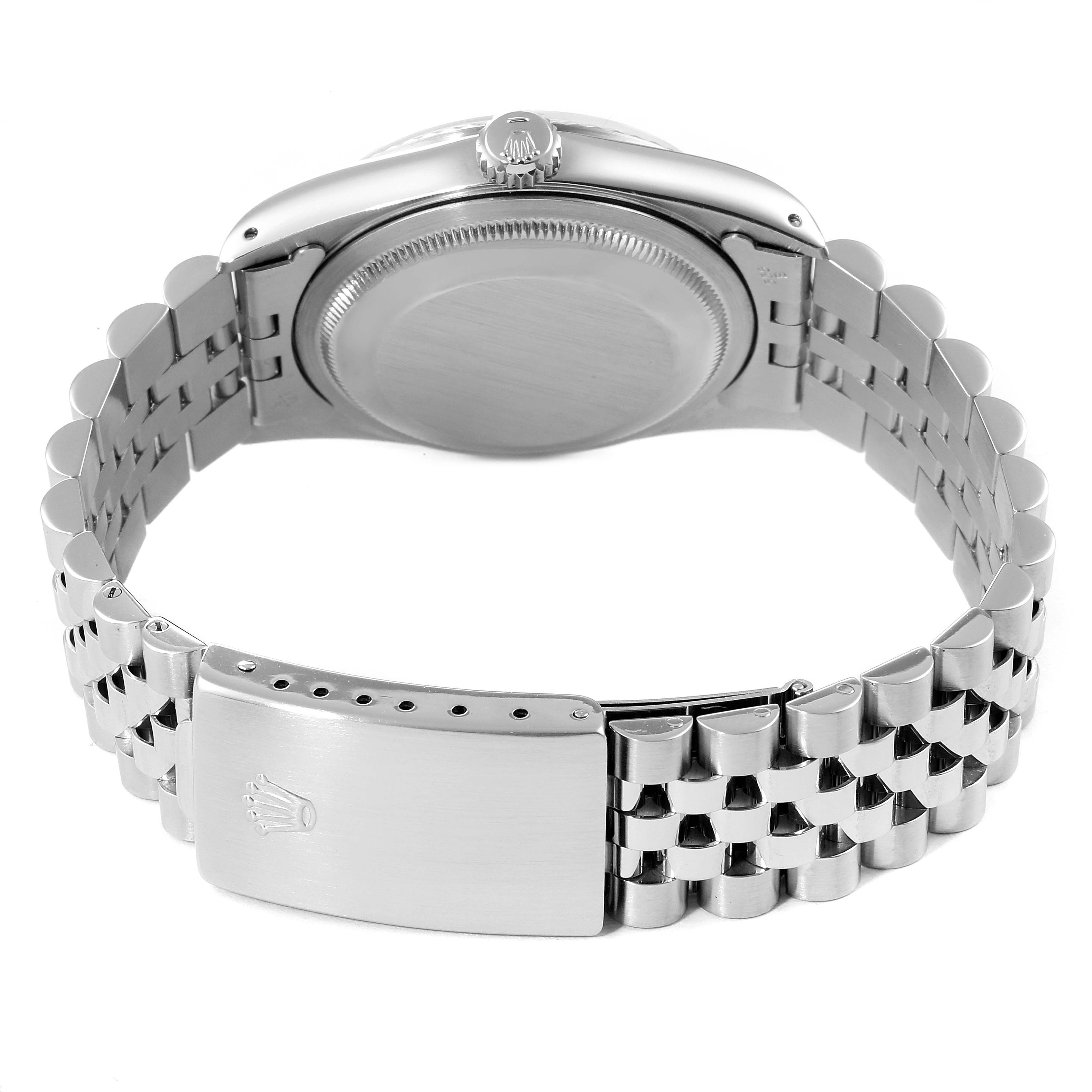 This image shows the back case and bracelet clasp of a Rolex Datejust 16234 Men's Stainless Steel Silver Dial 16234 Men's Stainless Steel Silver Dial watch from a rear angle.
