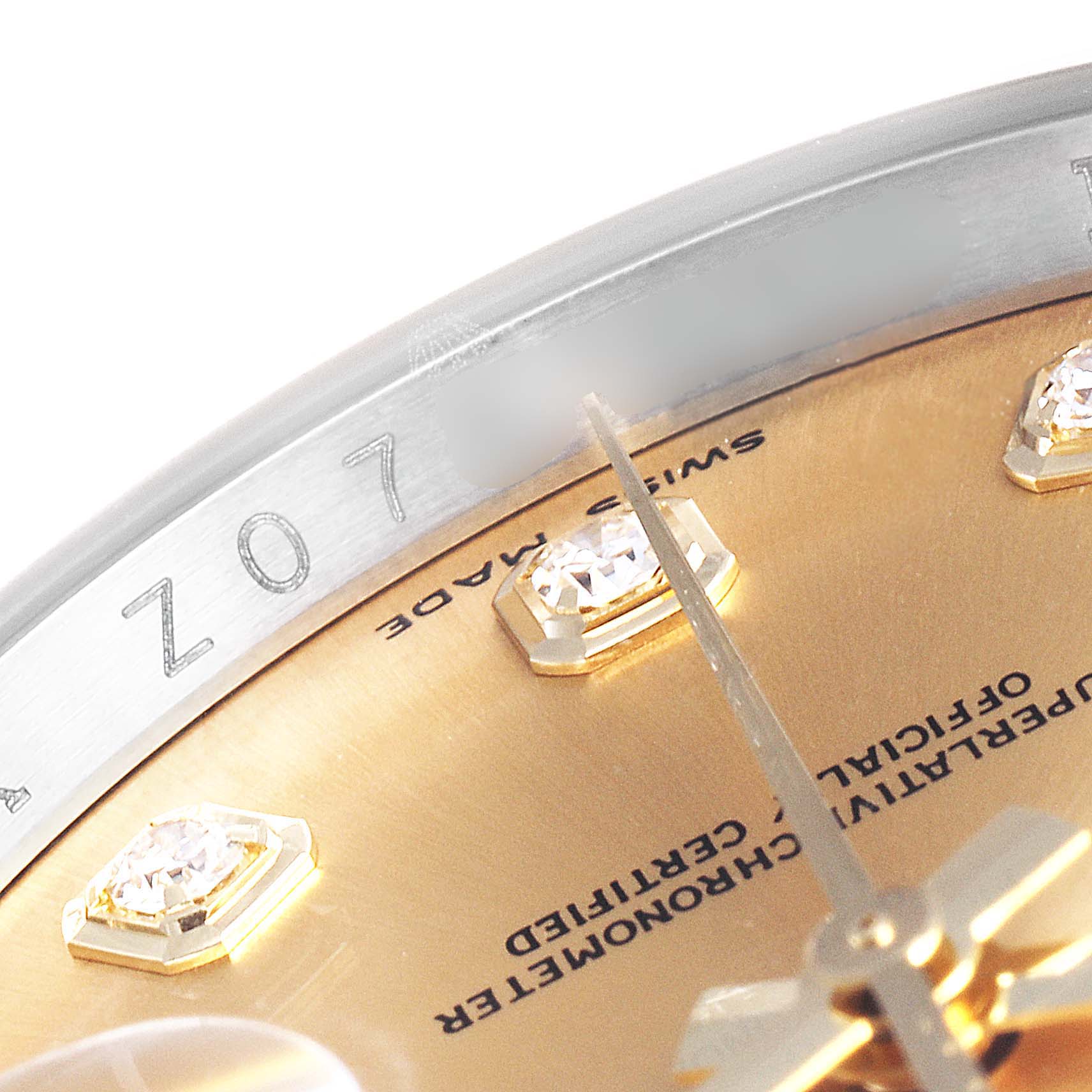 The close-up image shows the dial, bezel, and diamond hour markers of a Rolex Datejust 116233 Men
s Steel and Gold (two tone) Champagne Dial 116233 Men
s Steel and Gold (two tone) Champagne Dial watch.