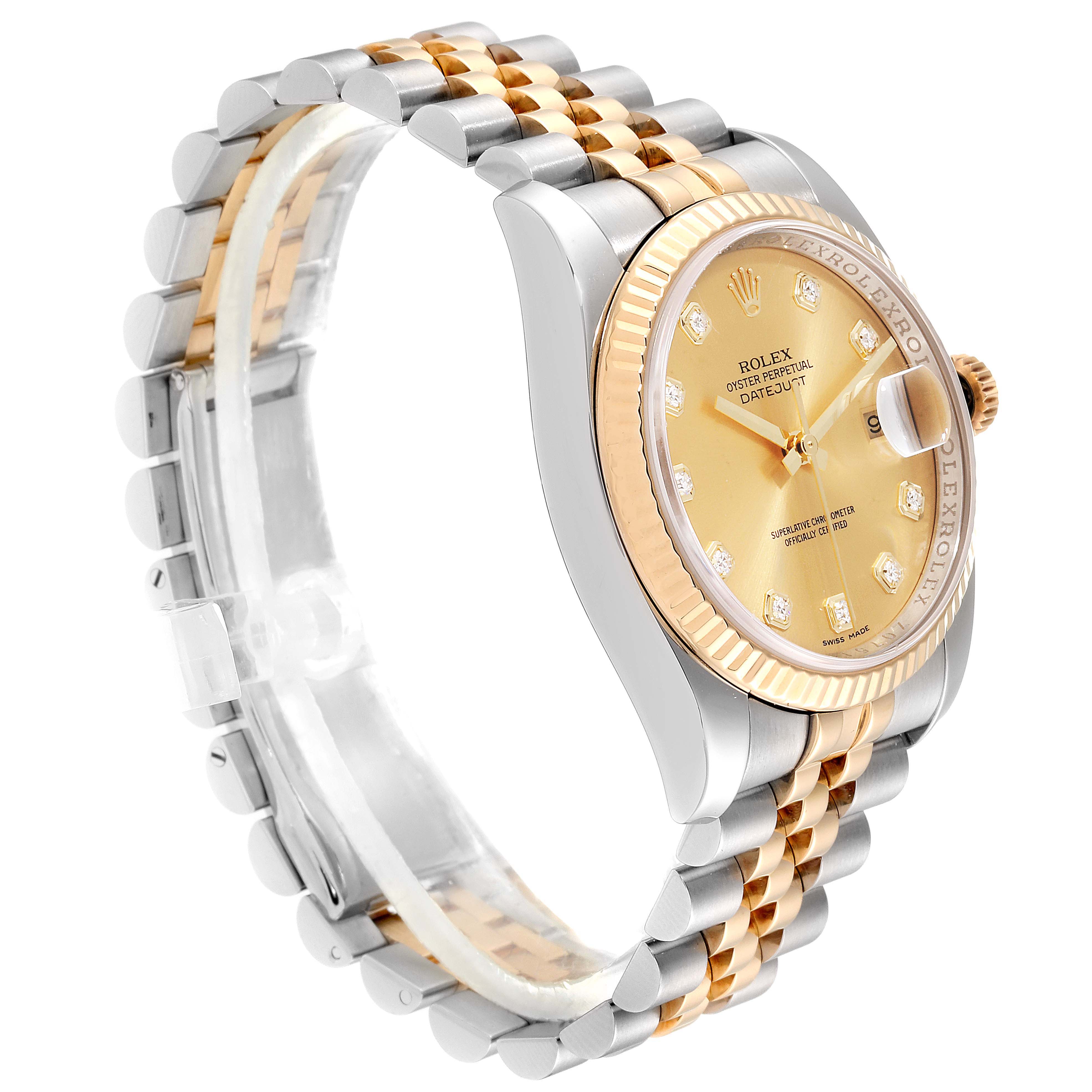 The Rolex Datejust 116233 Men
s Steel and Gold (two tone) Champagne Dial 116233 Men
s Steel and Gold (two tone) Champagne Dial watch is shown from a side angle, highlighting the bracelet, case, bezel, and dial.