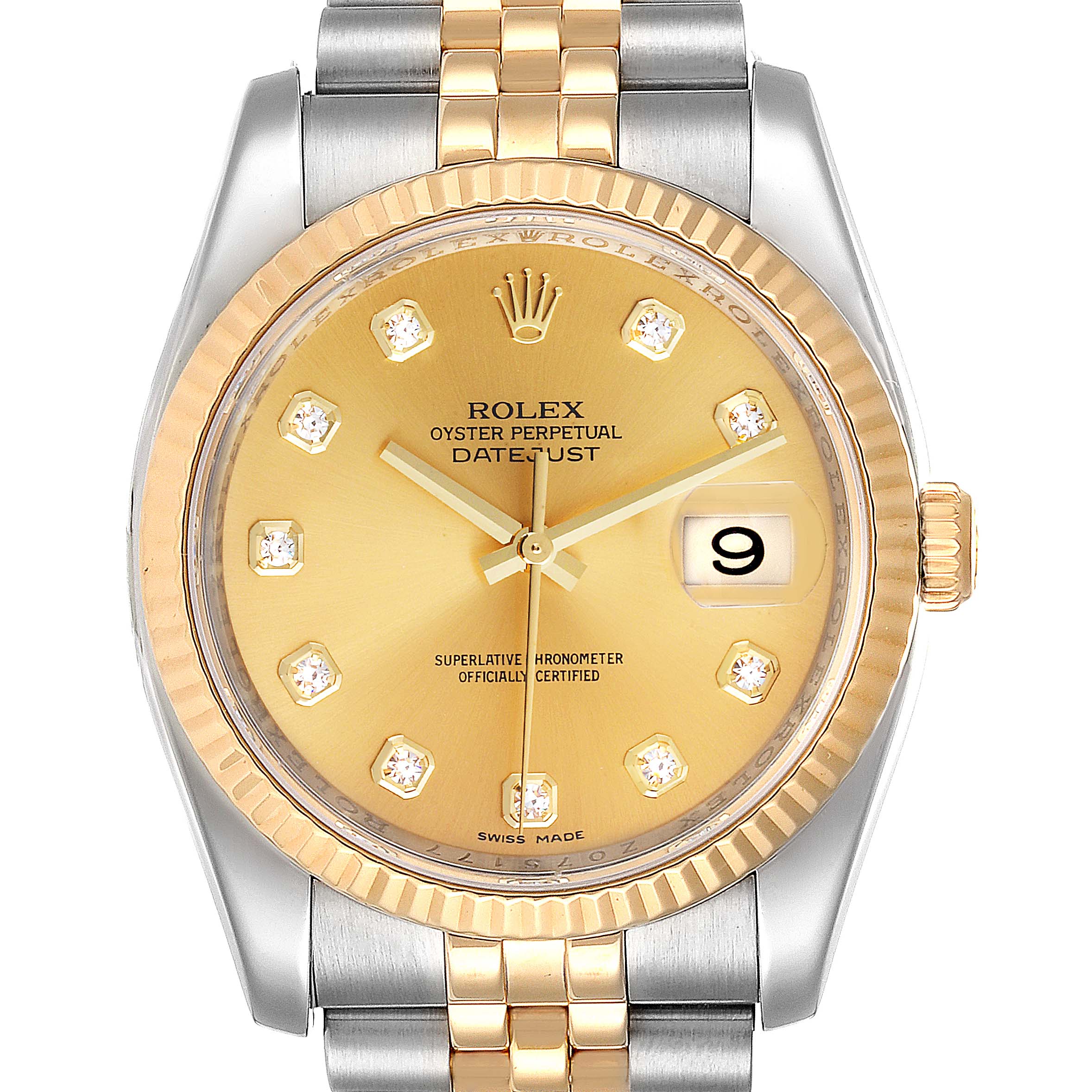 This Rolex Datejust 116233 Men
s Steel and Gold (two tone) Champagne Dial 116233 Men
s Steel and Gold (two tone) Champagne Dial watch is shown from the front, highlighting its dial, bezel, crown, and bracelet.