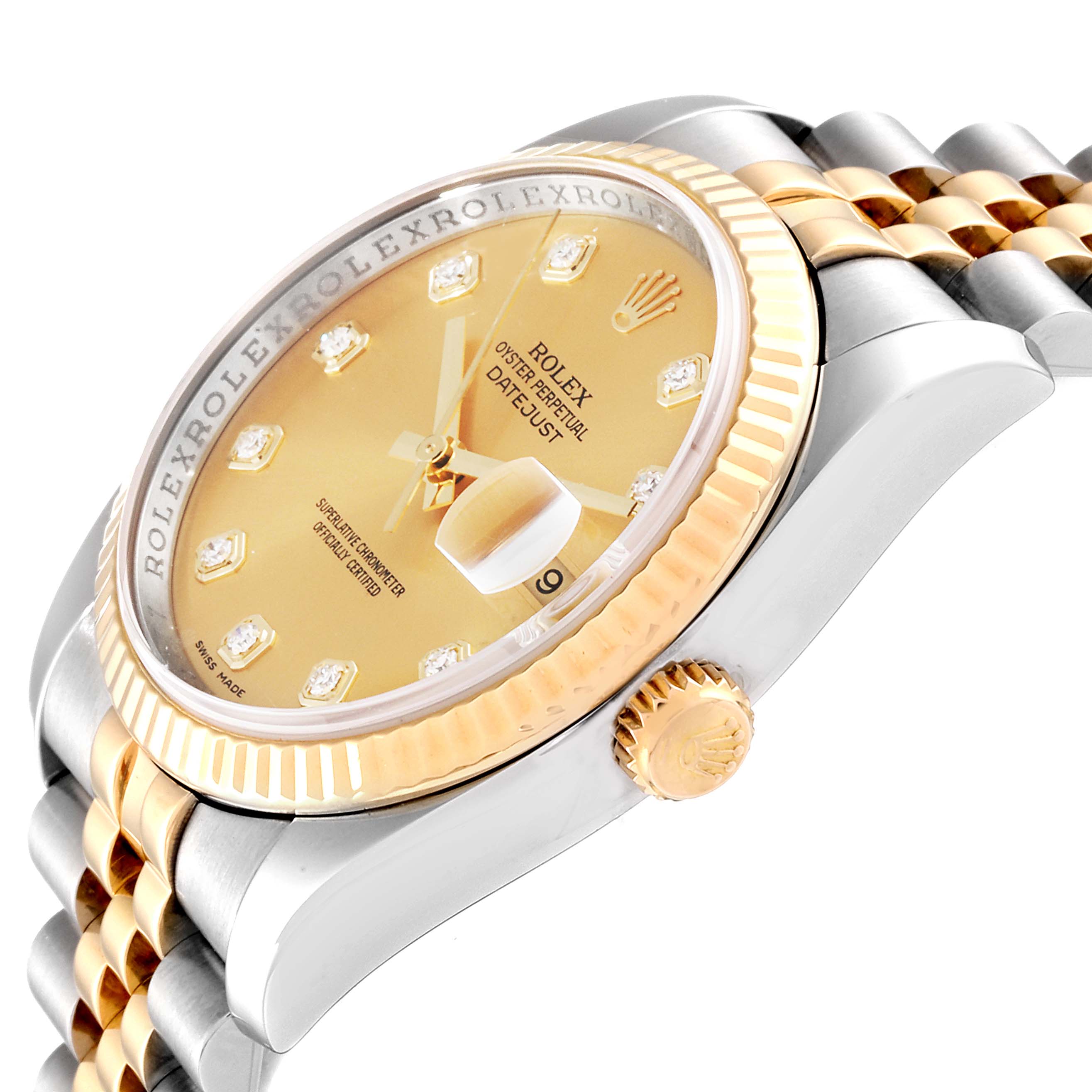 This image shows a Rolex Datejust 116233 Men
s Steel and Gold (two tone) Champagne Dial 116233 Men
s Steel and Gold (two tone) Champagne Dial watch at an angle highlighting its gold dial, bezel, crown, and part of the bracelet.
