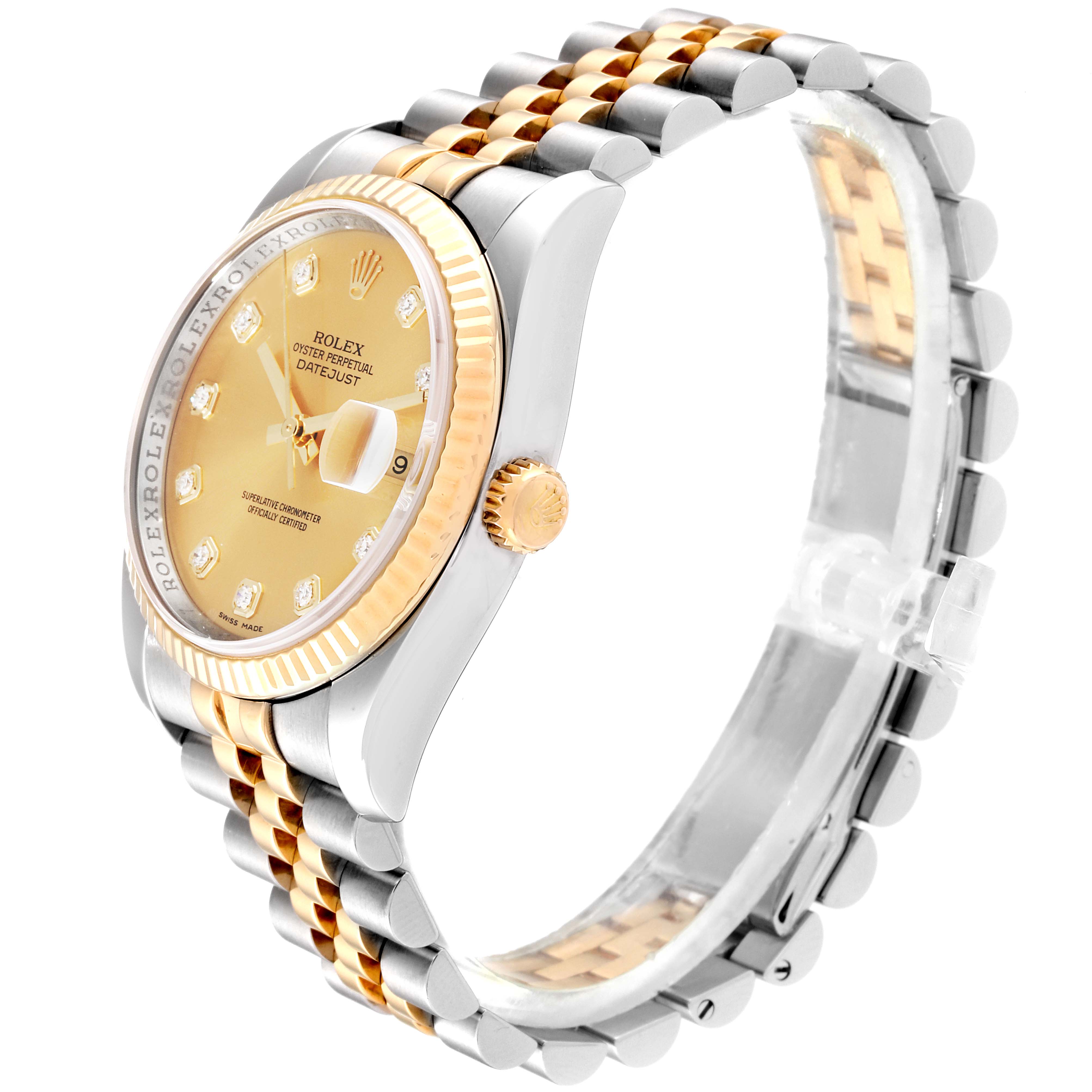 This image shows a side view of the Rolex Datejust 116233 Men
s Steel and Gold (two tone) Champagne Dial 116233 Men
s Steel and Gold (two tone) Champagne Dial watch, highlighting its gold bezel, crown, and two-tone bracelet.