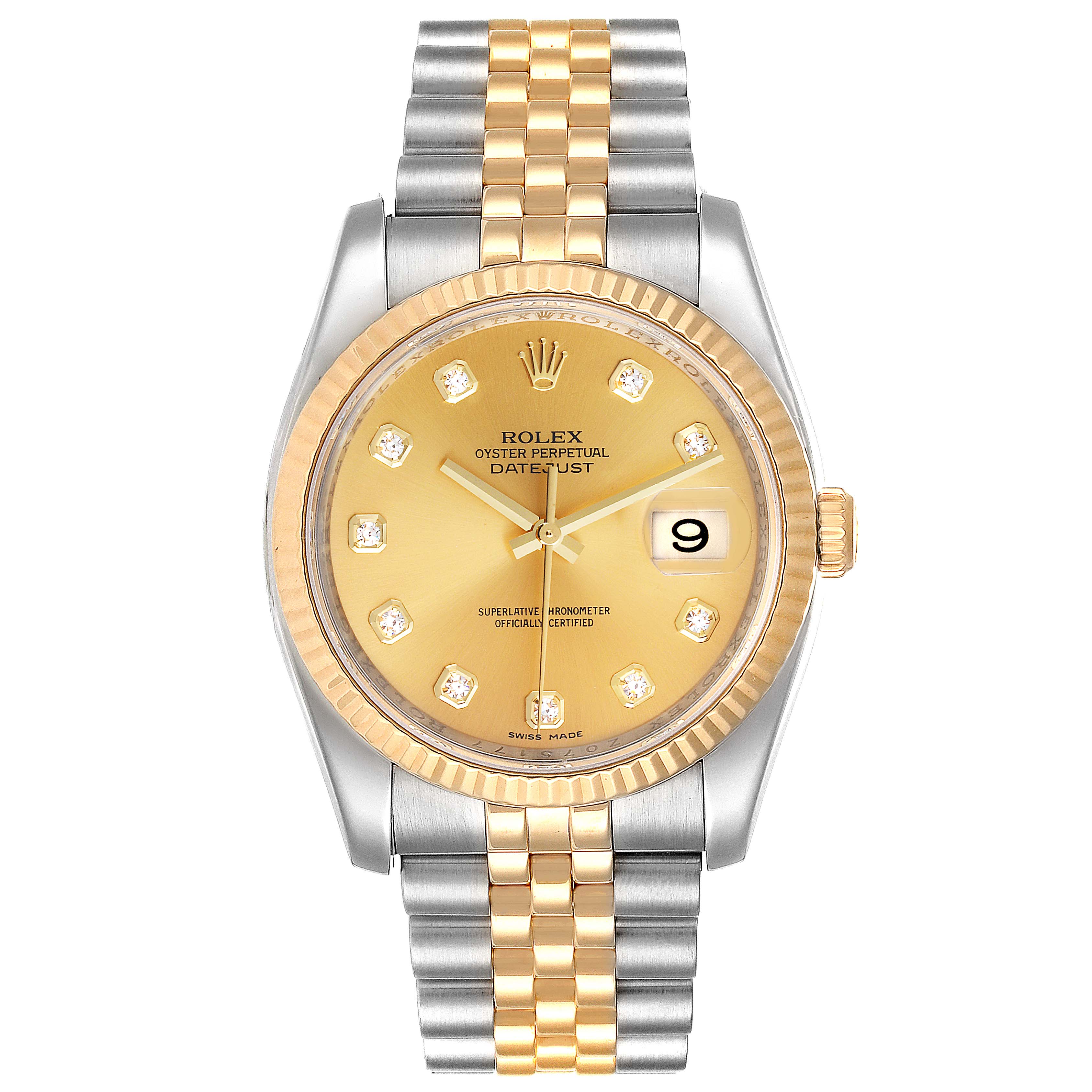 The image shows a Rolex Datejust 116233 Men
s Steel and Gold (two tone) Champagne Dial 116233 Men
s Steel and Gold (two tone) Champagne Dial watch from a front angle, highlighting its gold dial, diamond markers, date display, and two-tone bracelet.