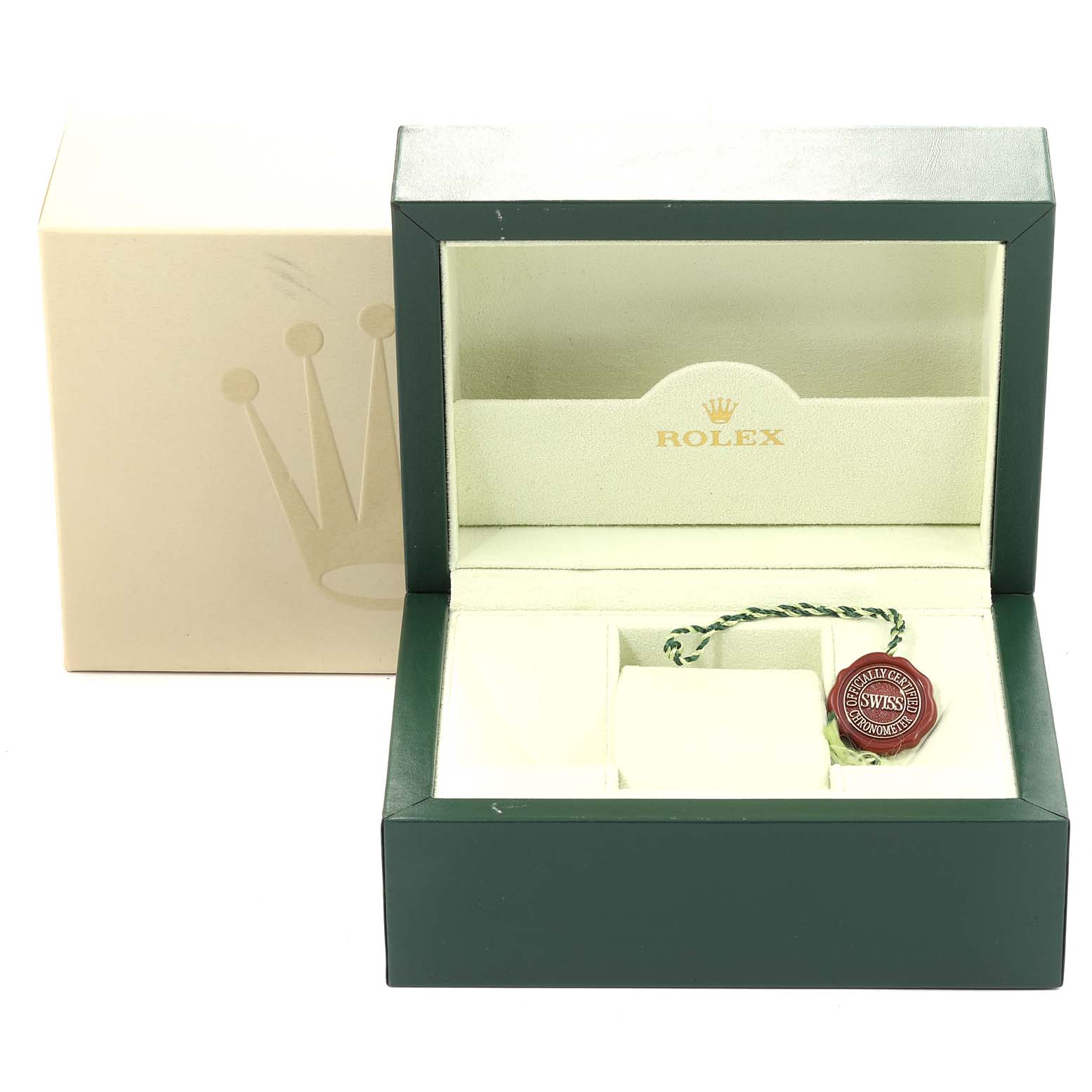 The image shows an open Rolex Datejust 116233 Men
s Steel and Gold (two tone) Champagne Dial 116233 Men
s Steel and Gold (two tone) Champagne Dial watch box with a tag and cushion, and the outer box is also visible.