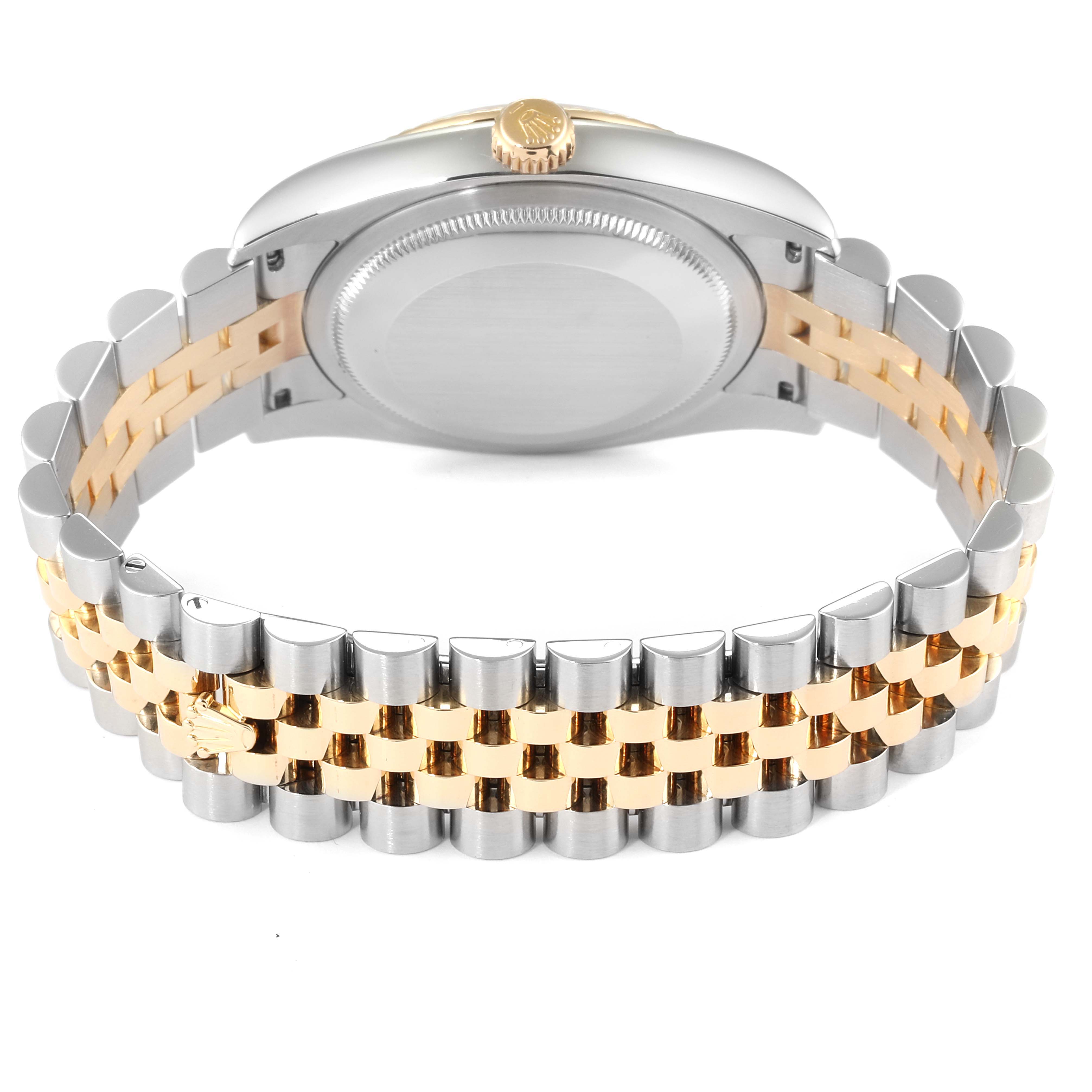 The image shows the back view of a Rolex Datejust 116233 Men
s Steel and Gold (two tone) Champagne Dial 116233 Men
s Steel and Gold (two tone) Champagne Dial watch, highlighting the case back and two-tone bracelet.