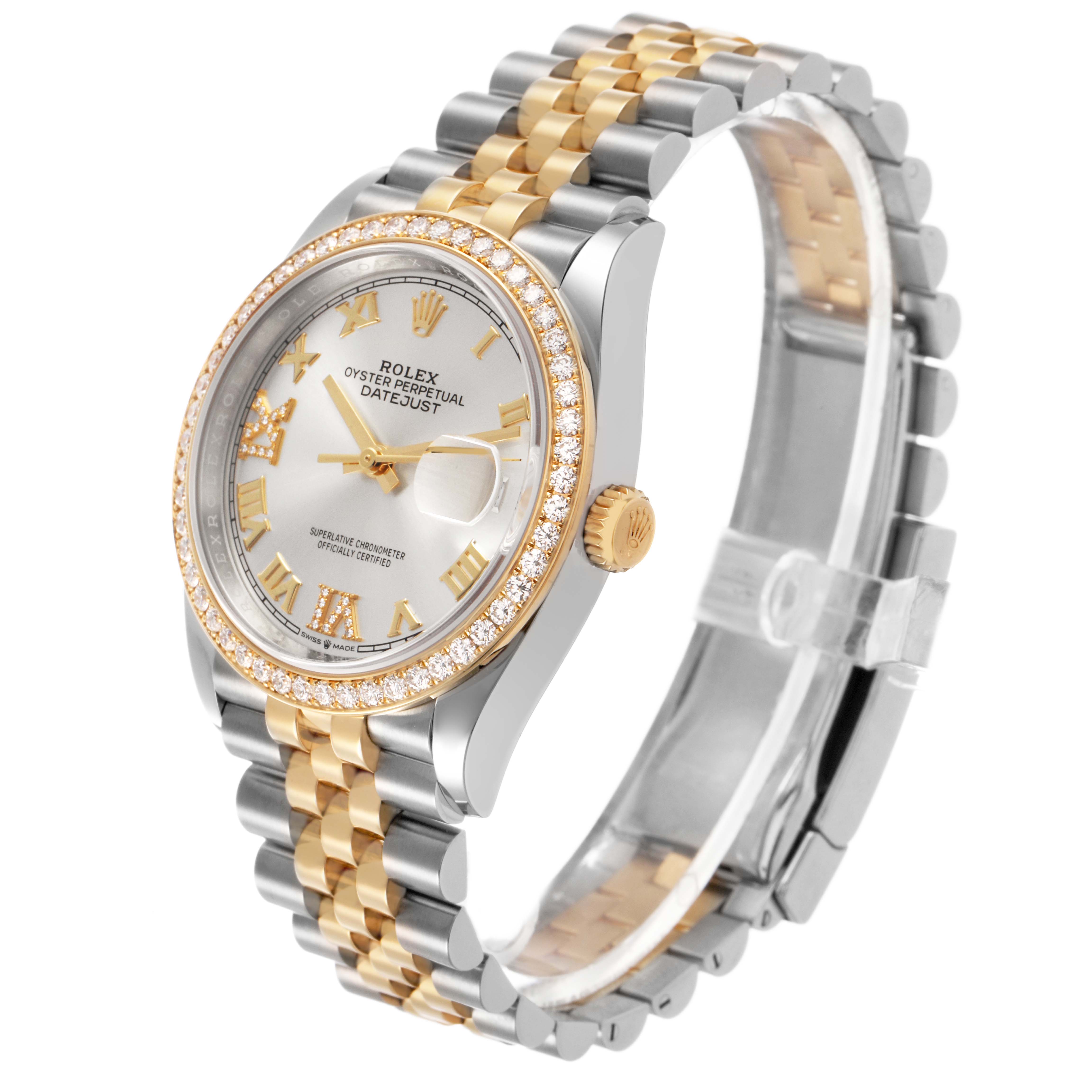 The Rolex Datejust 126283 Men's Steel and Gold (two tone) Silver Dial watch is shown at a three-quarter angle, highlighting the dial, bezel, crown, and two-tone bracelet.