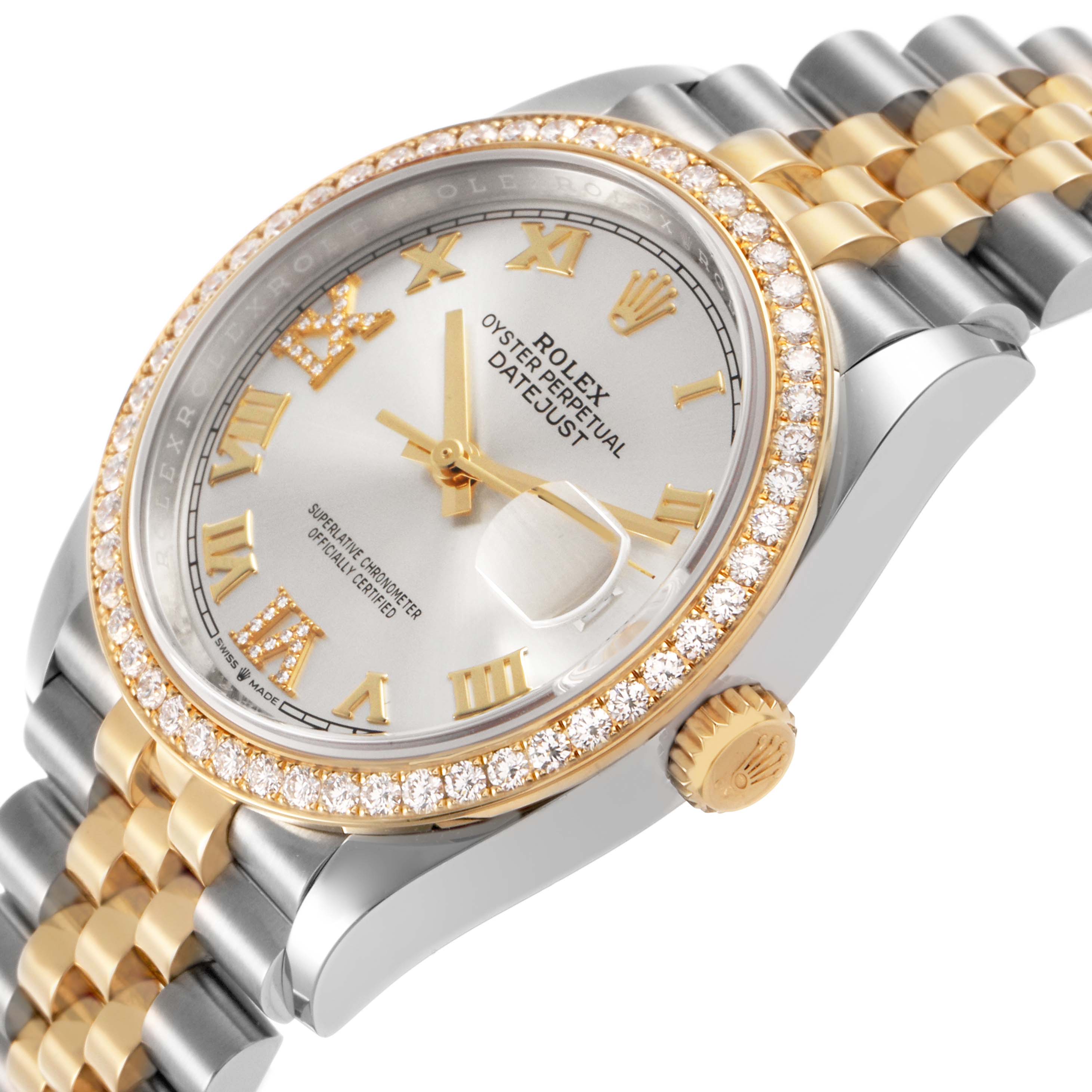 The Rolex Datejust 126283 Men's Steel and Gold (two tone) Silver Dial watch is shown from an angled side view, displaying the bezel, dial, crown, and part of the bracelet.